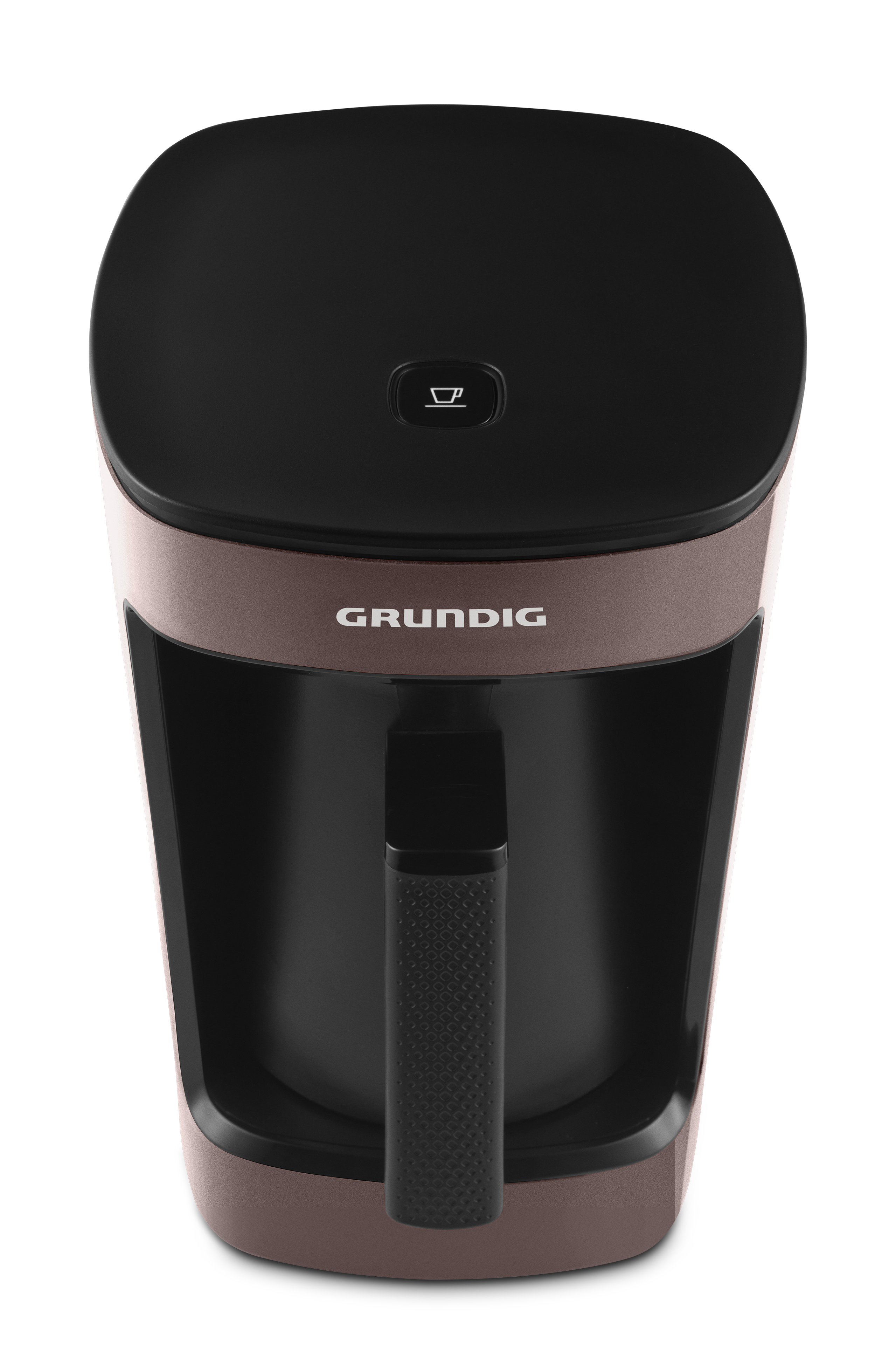 Grundig kahve makinesi, siyah ve bakır, kahve fincanı simgesi ile.
