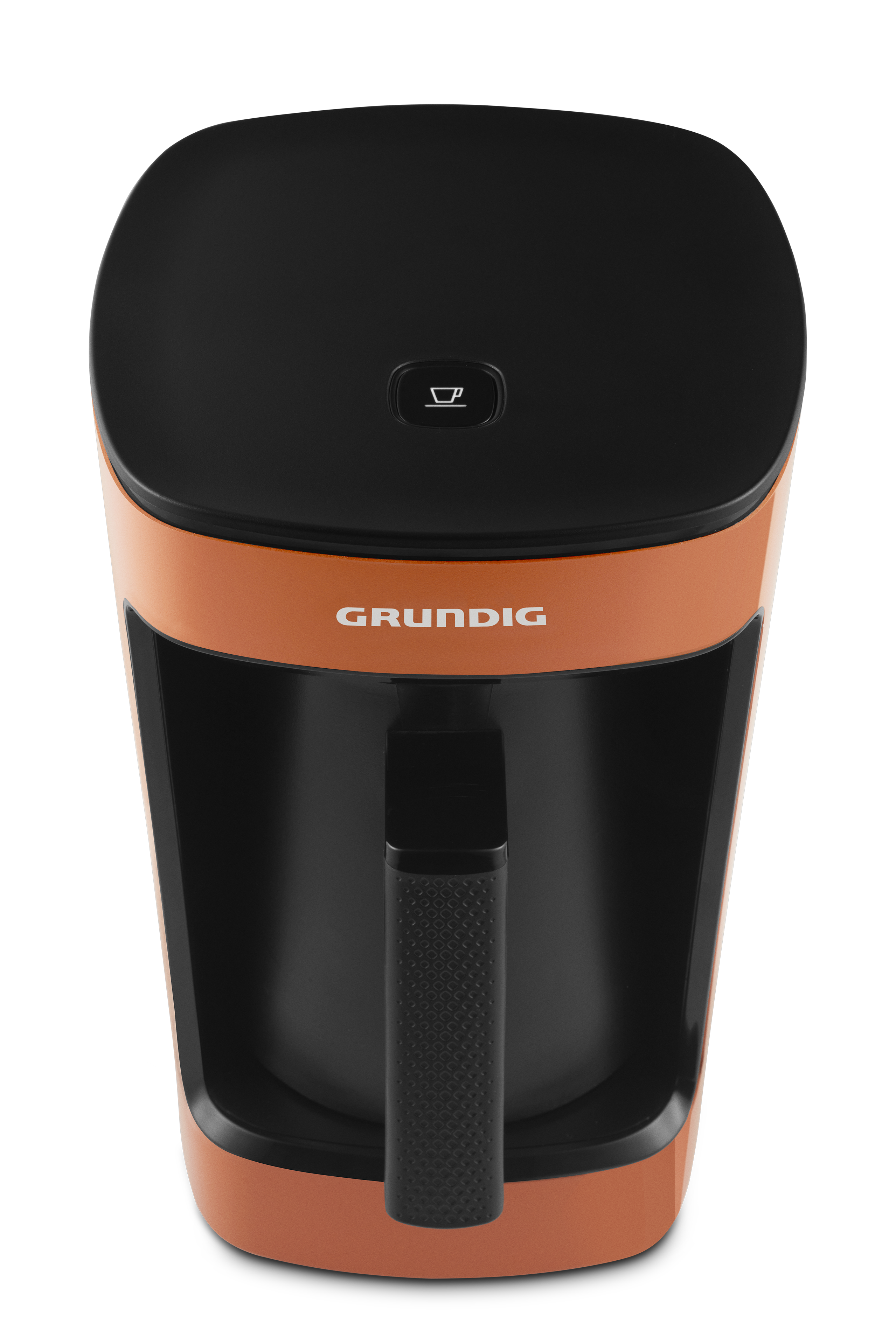 Grundig kahve makinesinin üstten görünümü, turuncu ve siyah renk şeması.