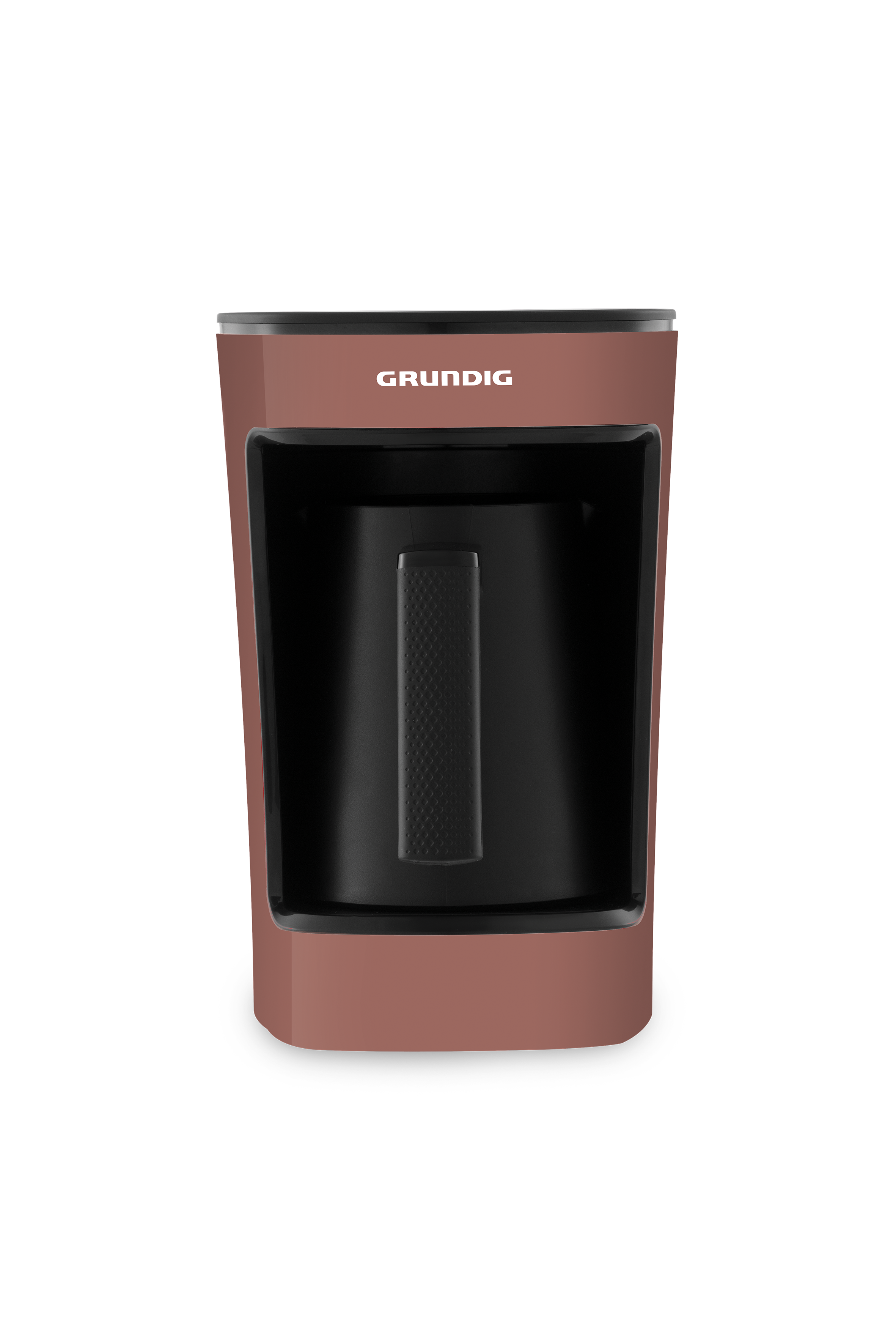 Bakır renkli bir Grundig kahve makinesi, siyah bir arka plan üzerinde çekilmiş.