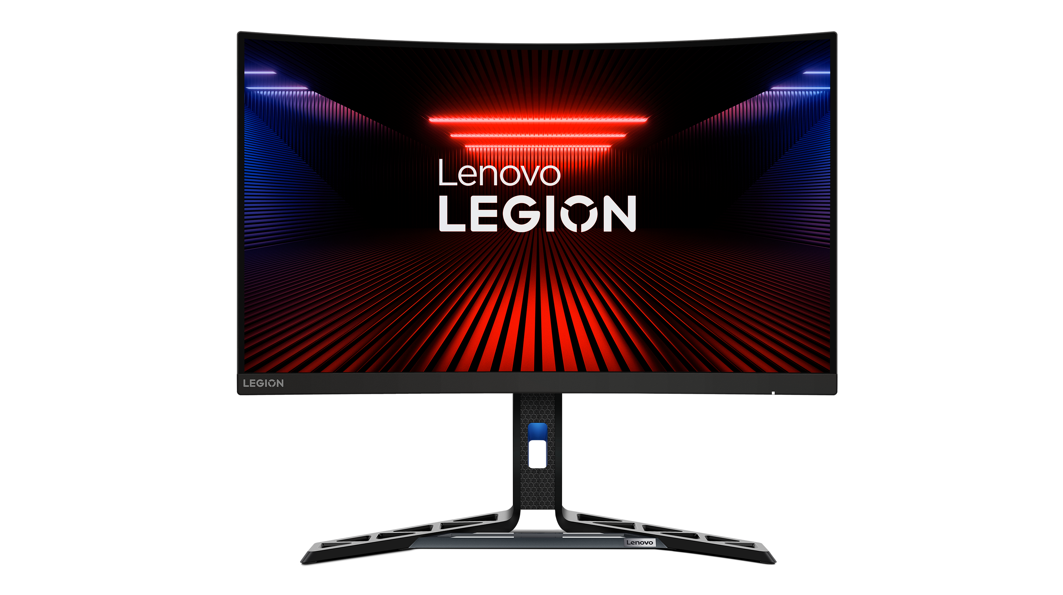 Siyah arka plan üzerinde kavisli Lenovo Legion oyun monitörü. Üstte kırmızı ve mavi ışıklar.