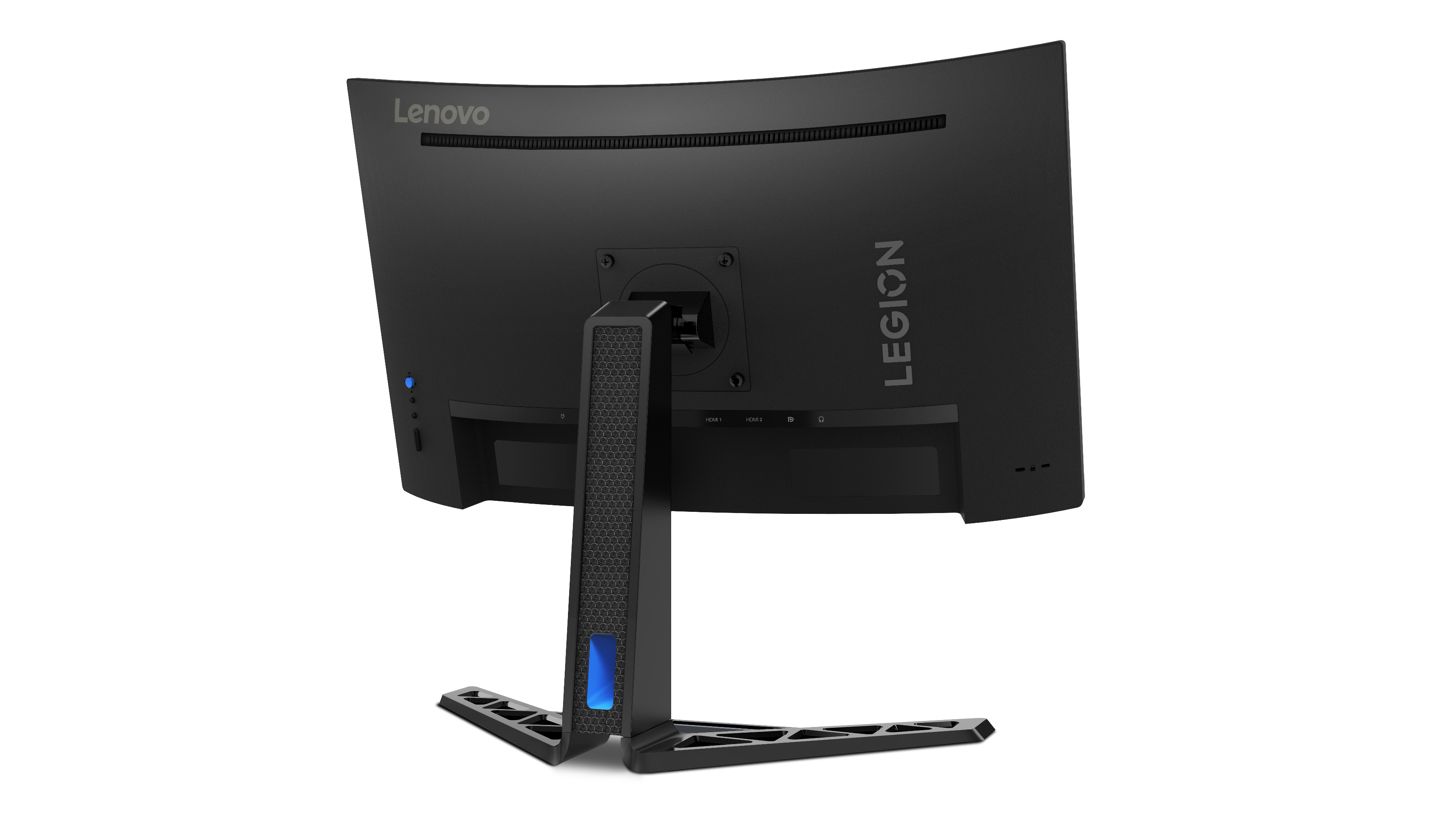 Siyah bir Lenovo Legion kavisli monitörün arkası. Lenovo ve Legion markası, bir stand ve bağlantı noktaları içerir.
