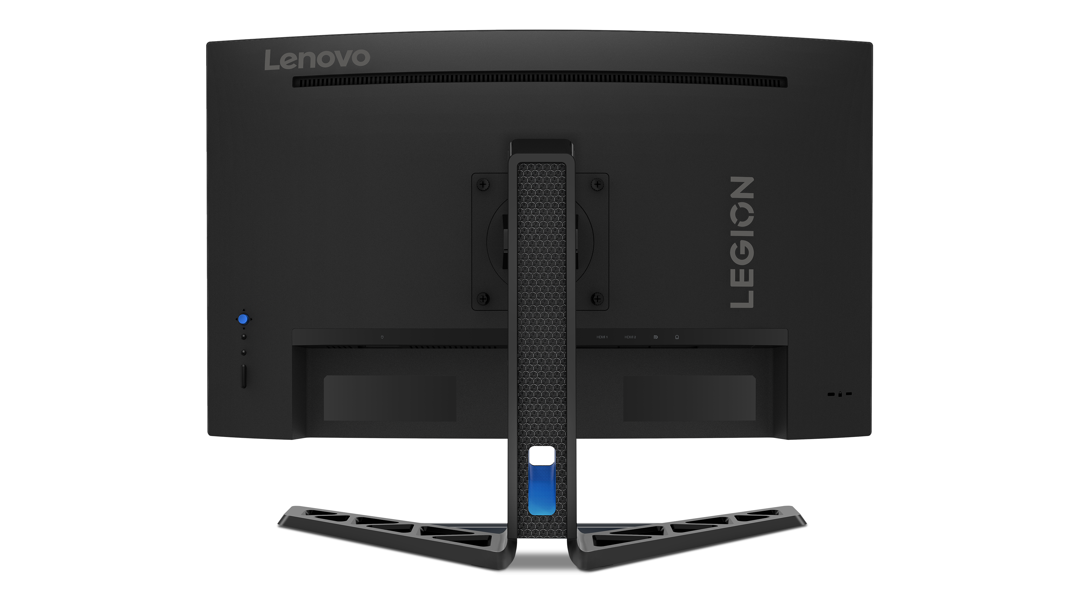 Siyah bir Lenovo Legion monitörün arkası, standı ve bağlantı noktaları.