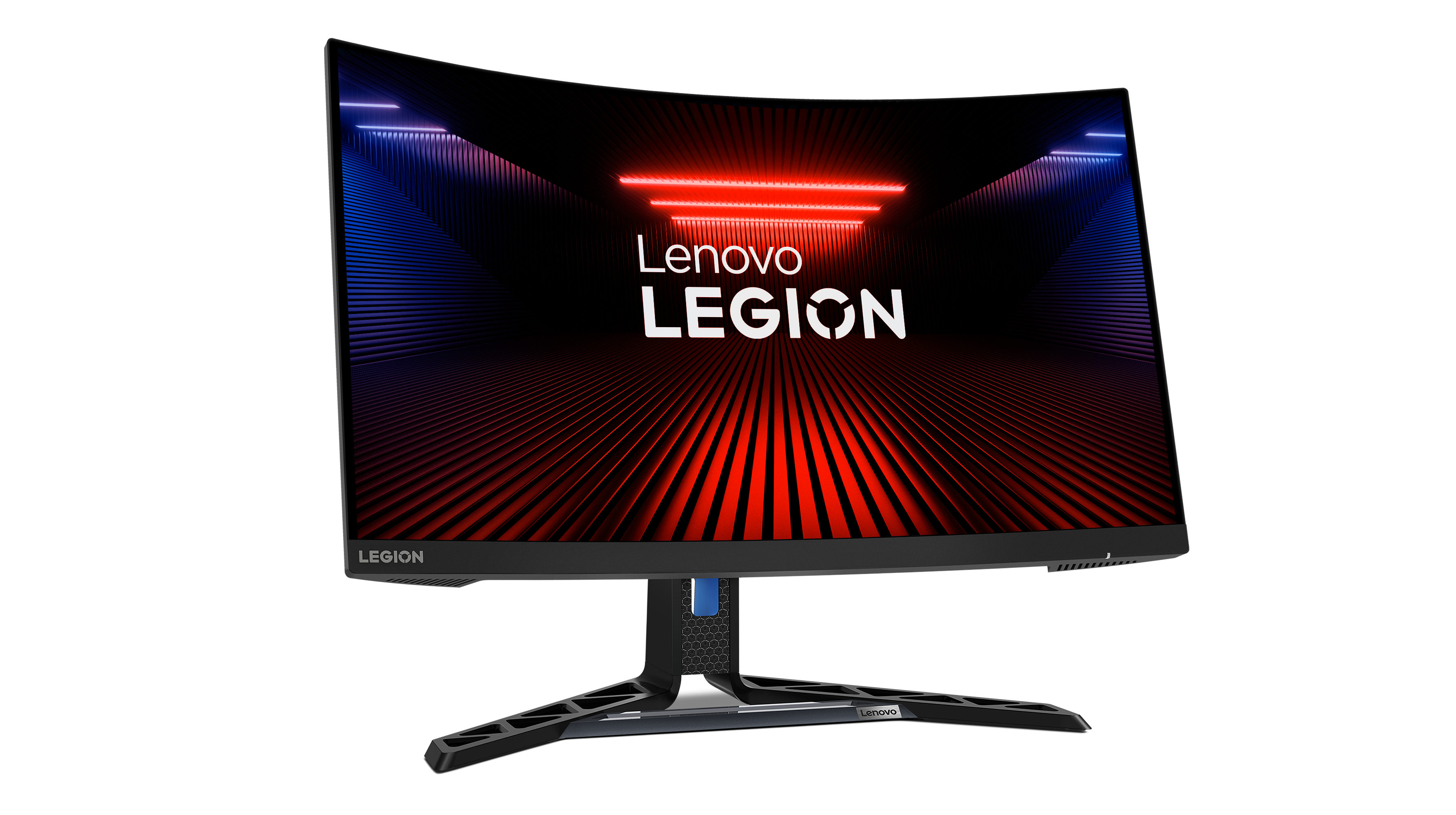 Lenovo Legion logosu ve kırmızı-mavi aydınlatma tasarımına sahip kavisli oyun monitörü.