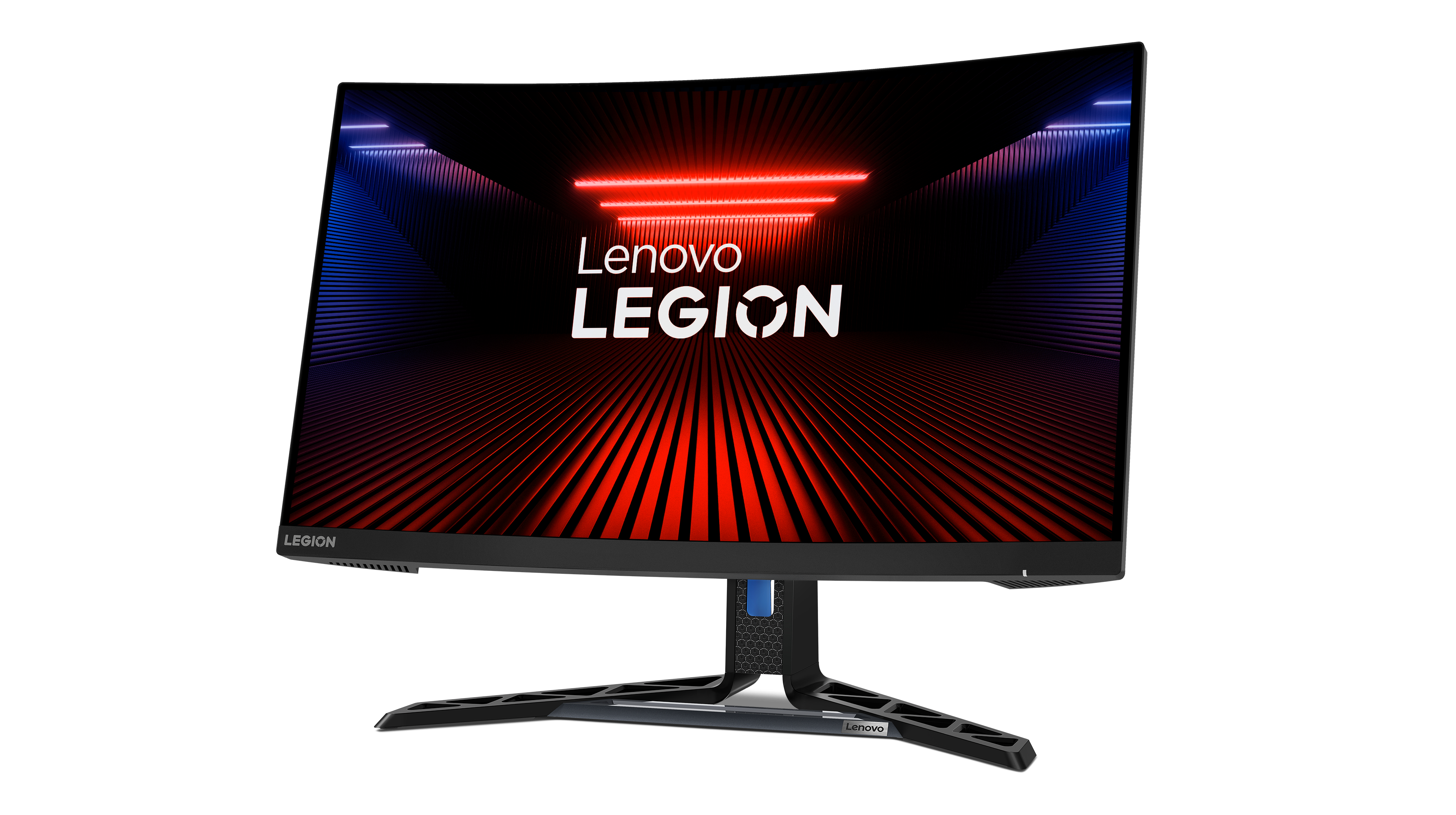Lenovo Legion logosu ve kırmızı ve mavi vurgu aydınlatması olan kavisli siyah monitör.