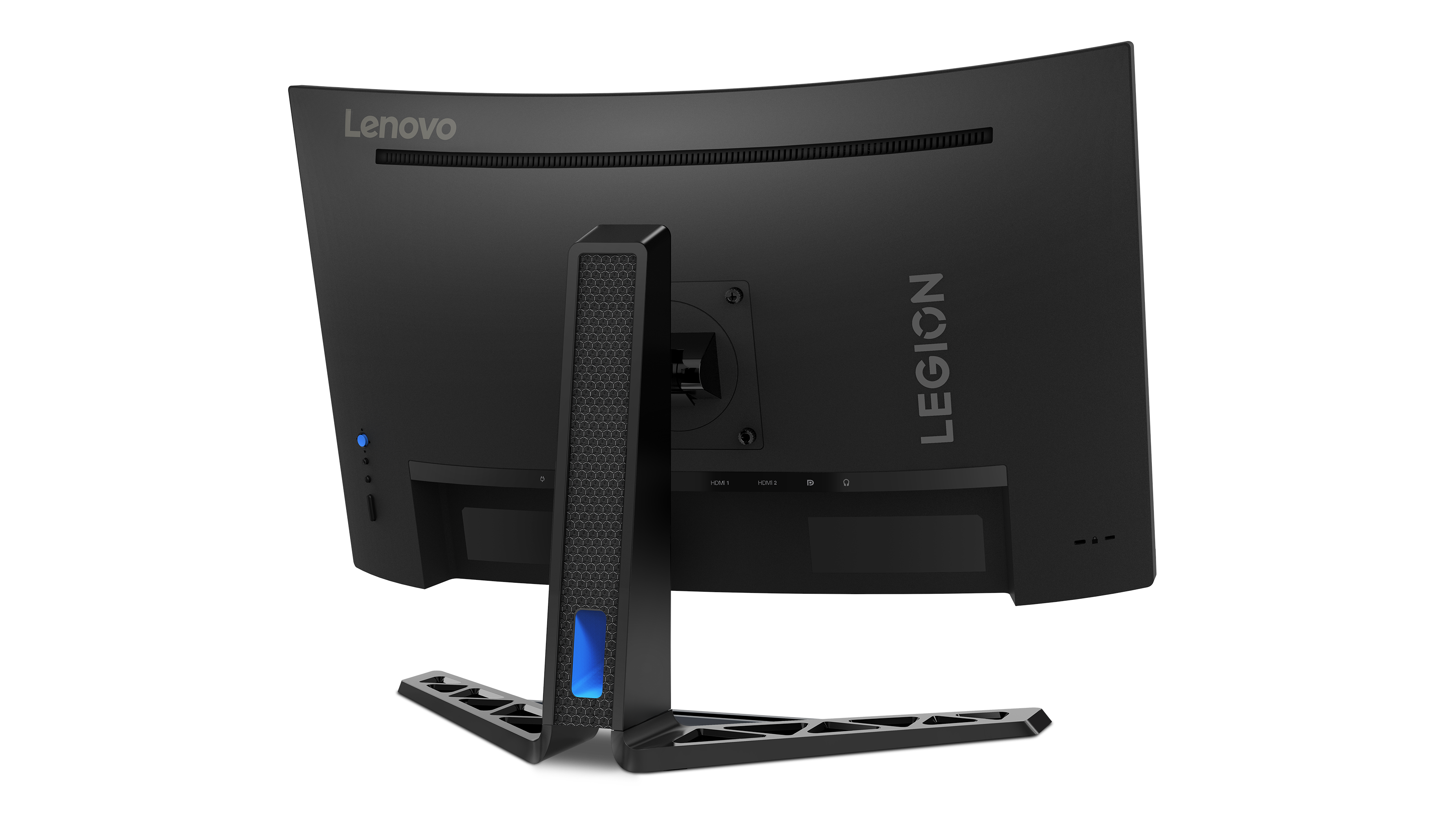 Siyah bir Lenovo Legion oyun monitörünün arkası, bir stand ile. Legion dikey olarak yazılmıştır.