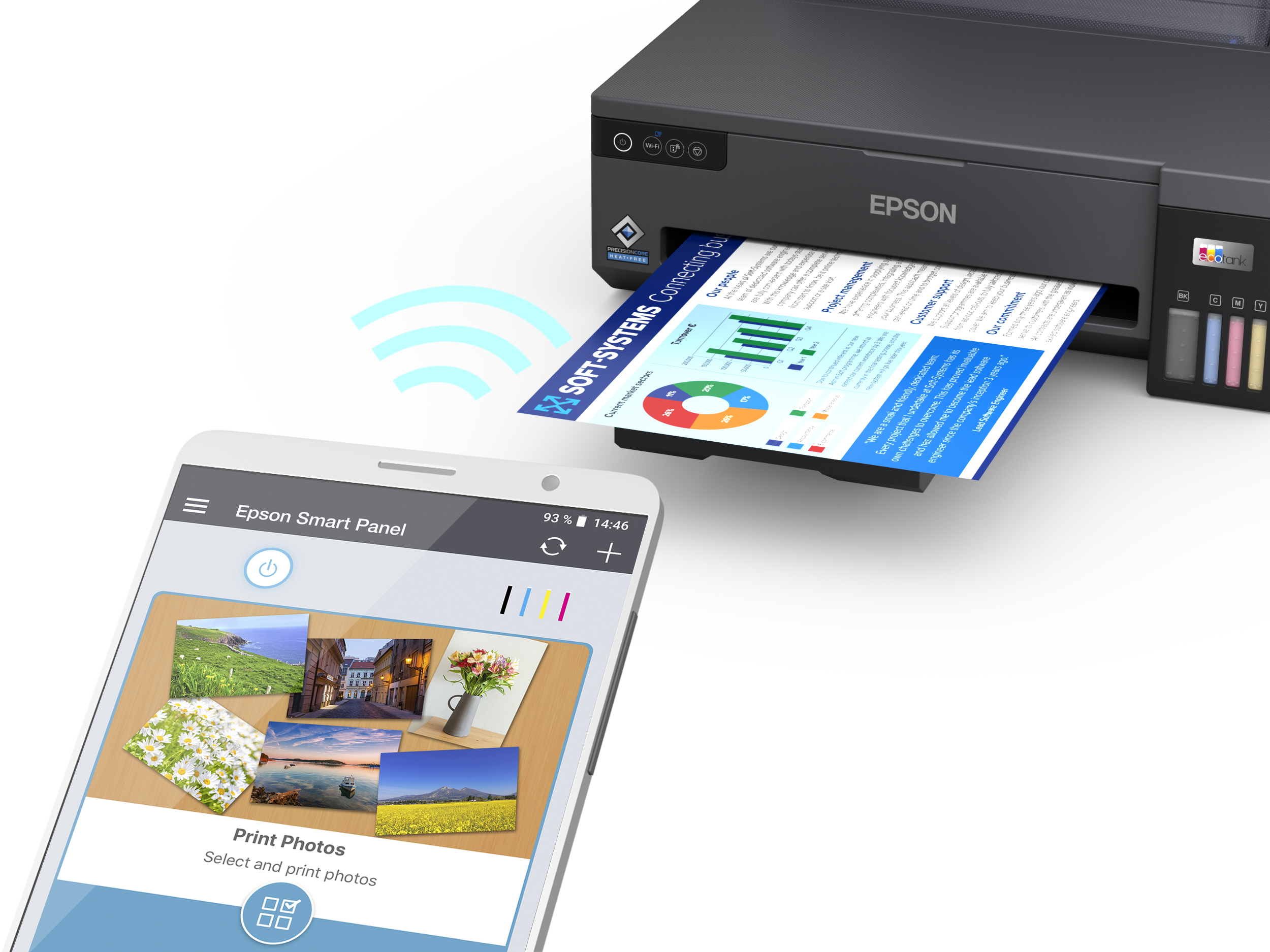Bir belge yazdıran Epson yazıcı. Bir telefon, Epson Smart Panel uygulamasını görüntülüyor.