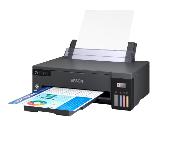 Beyaz kağıda mavi ve yeşil bir grafik içeren belgeler yazdıran bir Epson yazıcı.