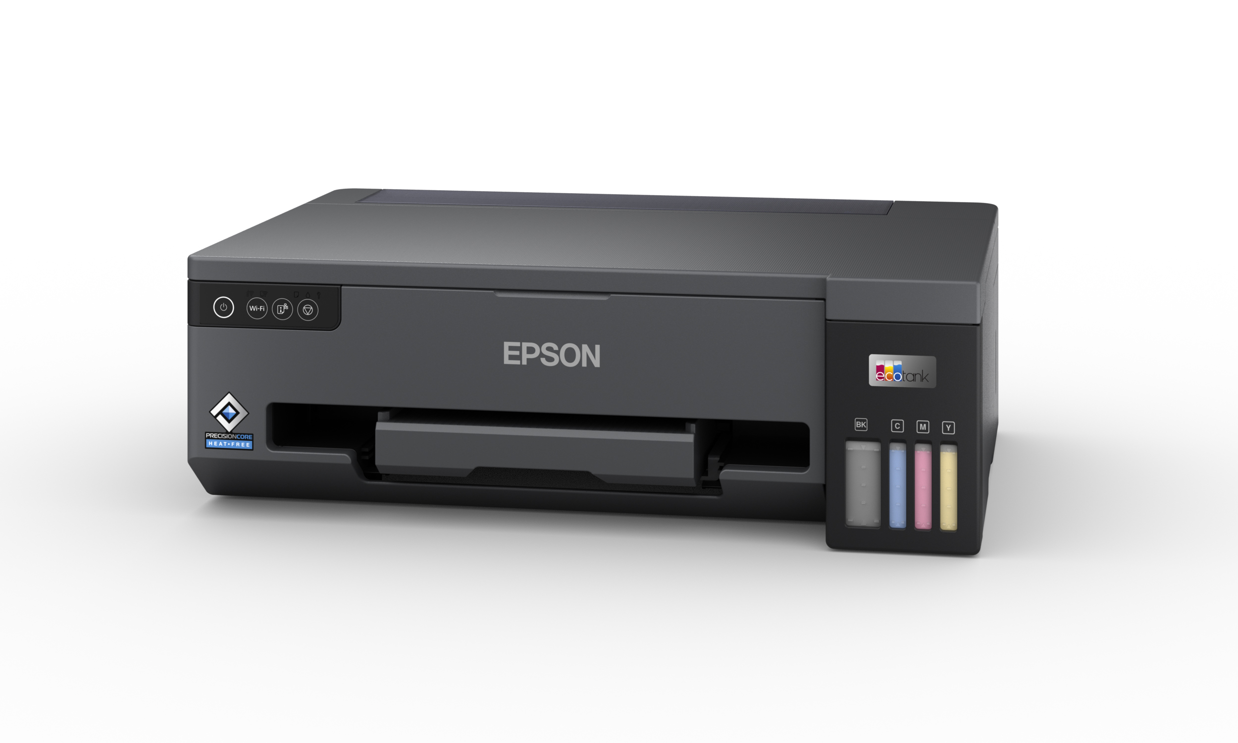 Epson yazıcı, koyu gri, mürekkep tankları ve kontrol paneli ile.