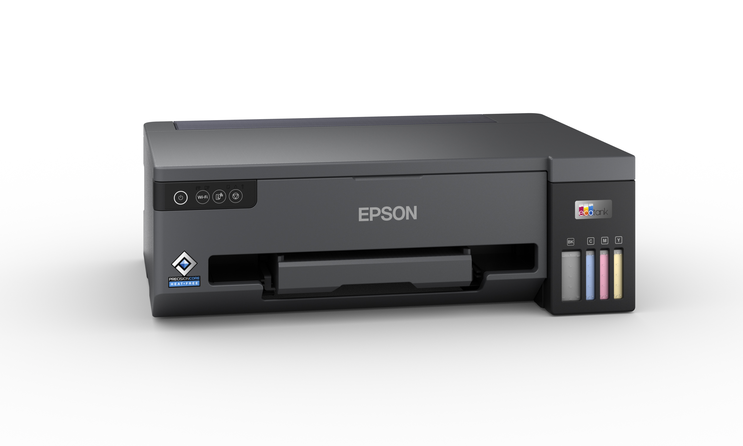 Epson yazıcı, koyu gri, görünür mürekkep tankları ve bir kontrol paneli ile.