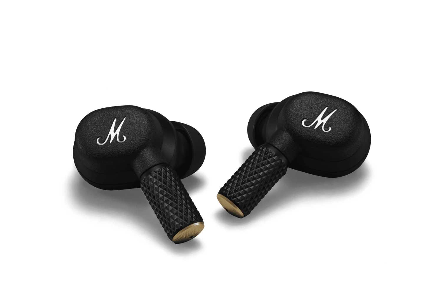 Auriculares Marshall negros con el logo 'M' blanco sobre fondo negro.