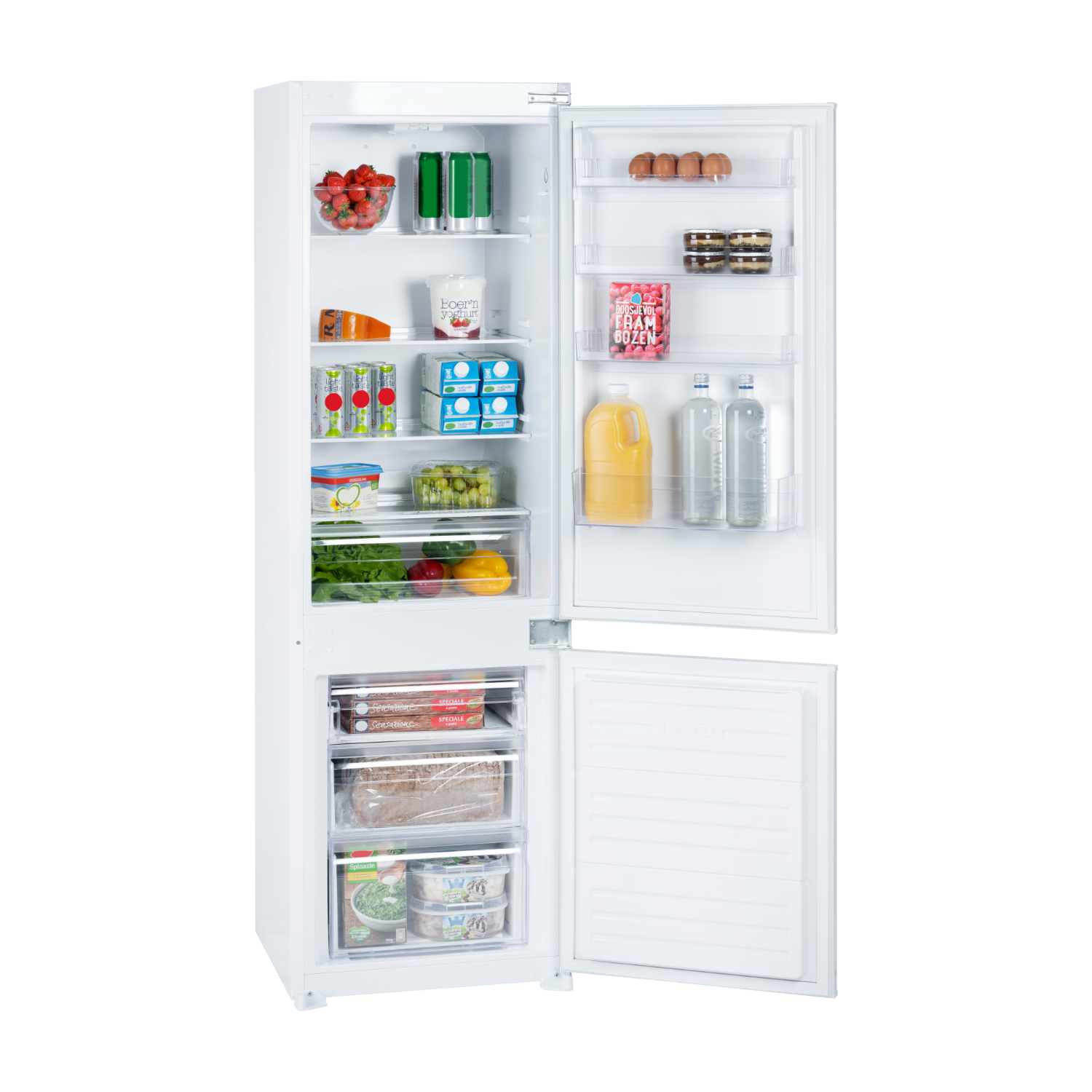 Opened refrigerator with food items, showcasing storage compartments.
