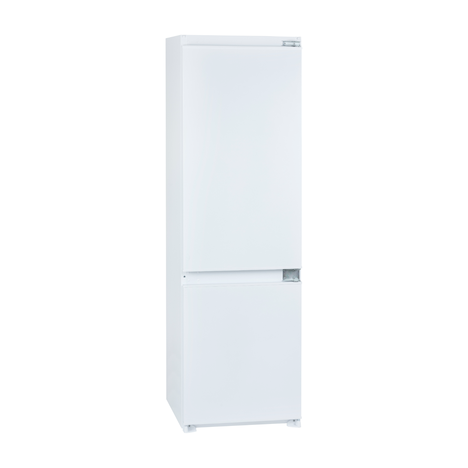White refrigerator with two doors, the top one smaller than the bottom one.