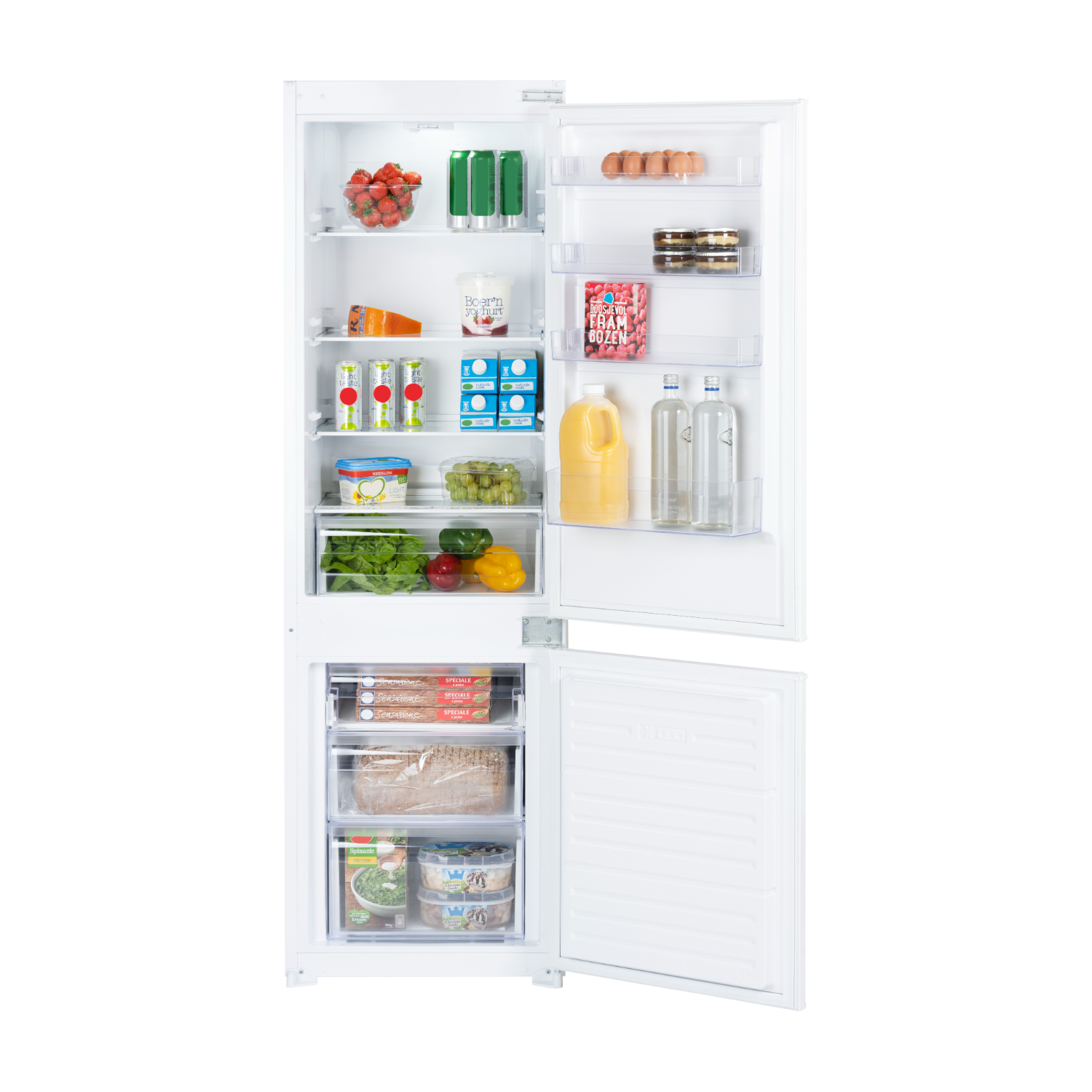 White refrigerator with open doors, full of food items.