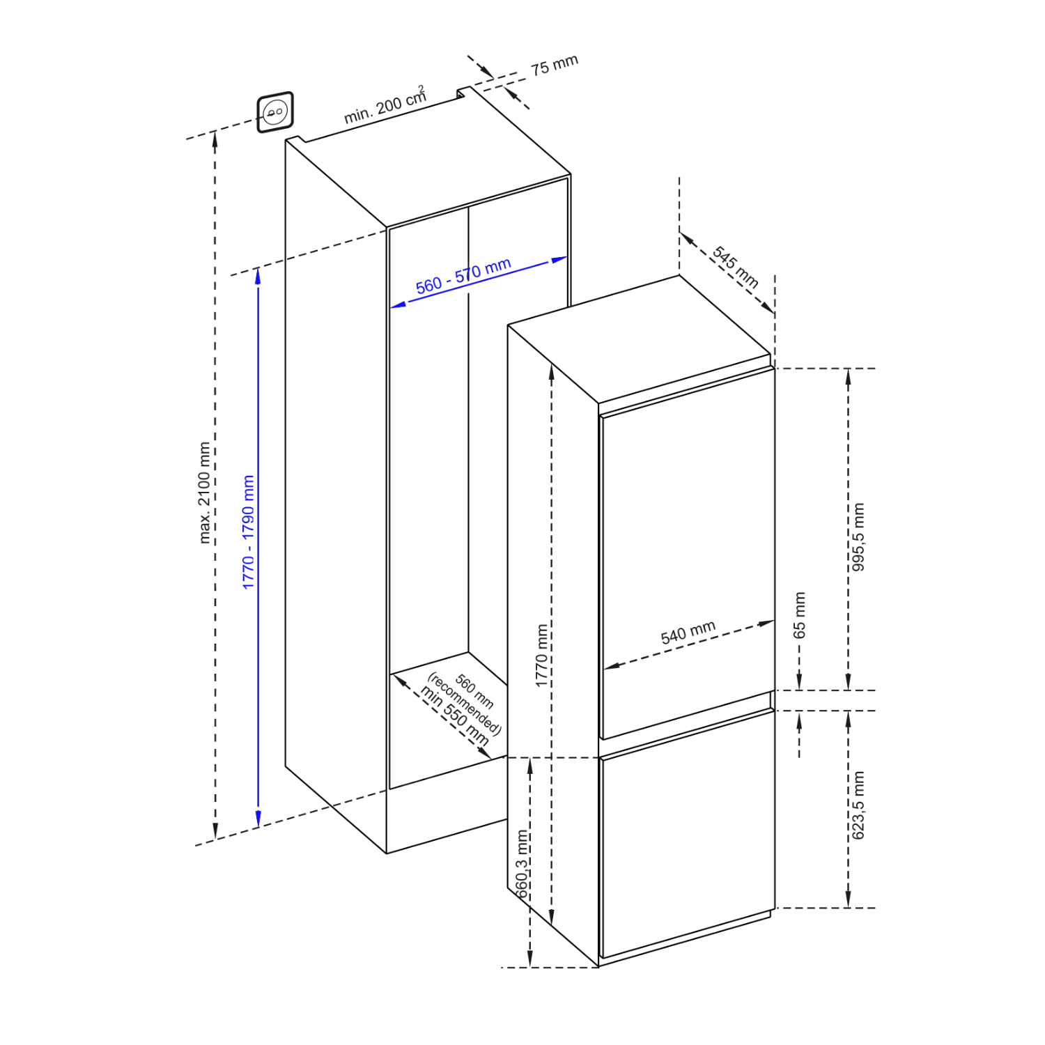 A technical drawing of a refrigerator showing dimensions and specifications, on a black background.