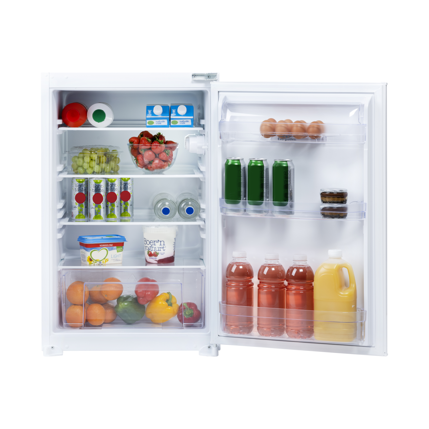 A fridge with the door open, showing food items such as eggs, juice, and vegetables inside.