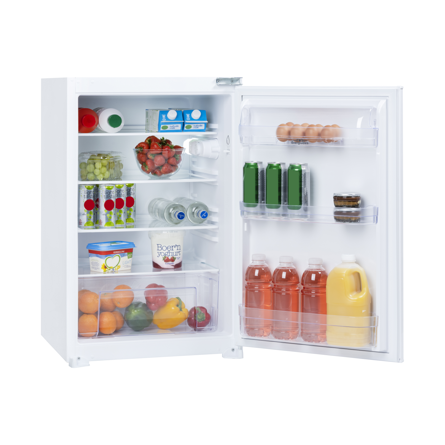 White refrigerator with open door, filled with food items and drinks.