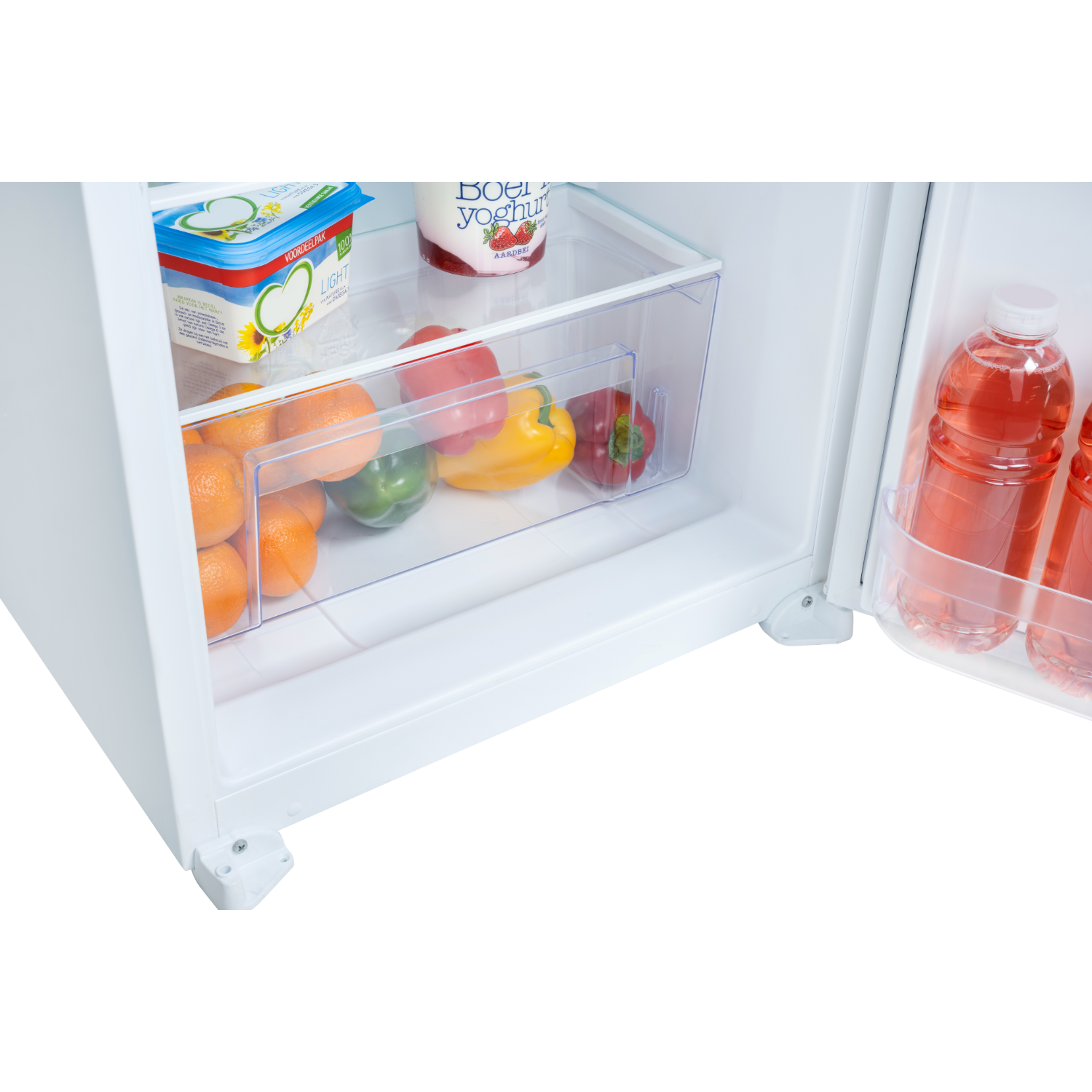 Refrigerator interior with various items including produce and food products.