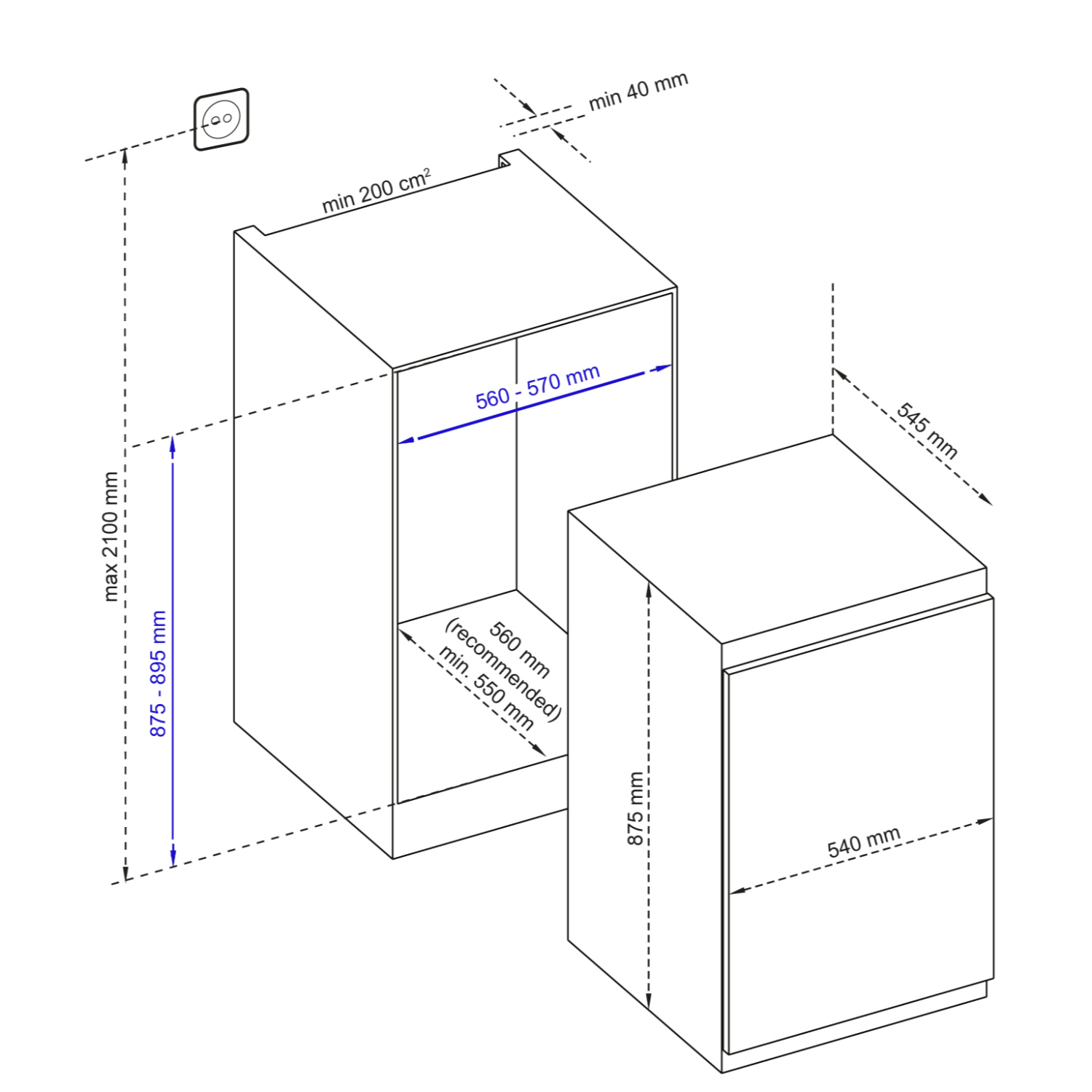 Technical drawing of a built-in kitchen appliance, showing dimensions and a power outlet.
