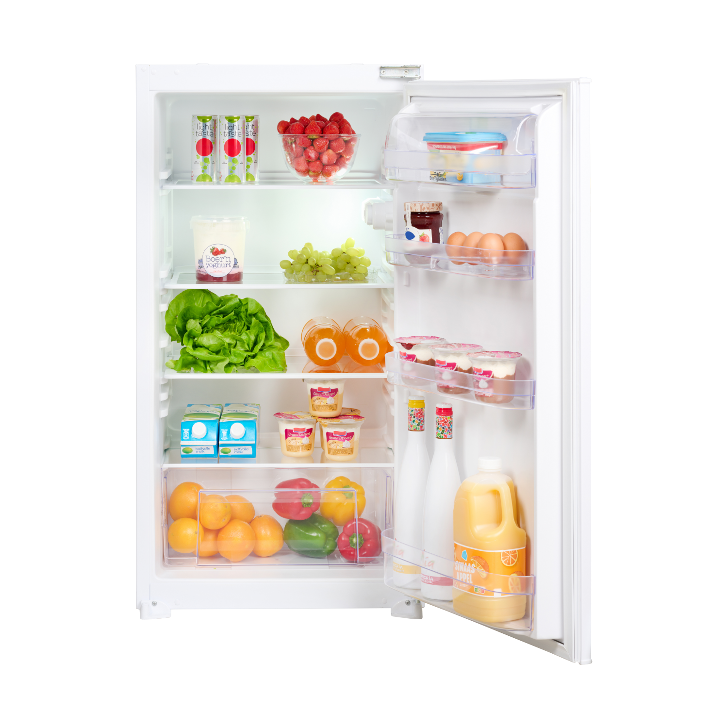 Open refrigerator with groceries: juice, lettuce, eggs, fruit.