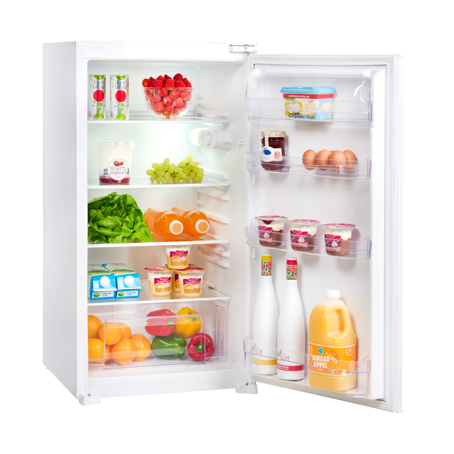 A white refrigerator with the door open, filled with food items like fruit, yogurt, and juice.