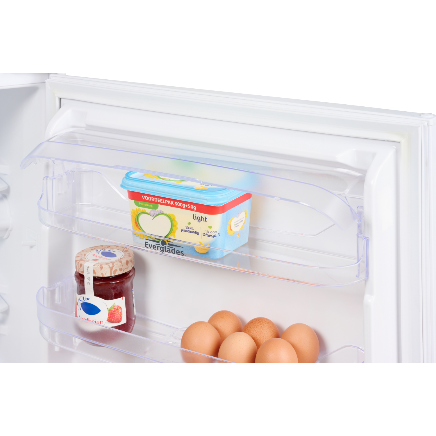Inside of a refrigerator with shelves holding food items, including butter, jam, and eggs.