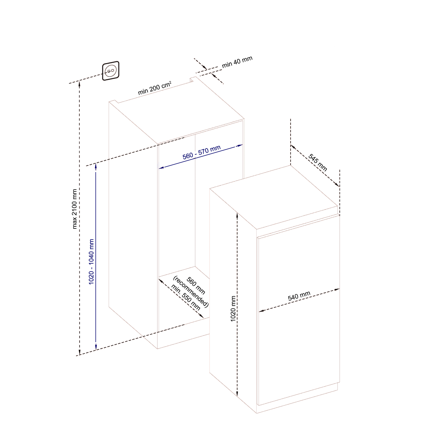 Technical drawing of two cabinets with dimensions and measurements for installation.
