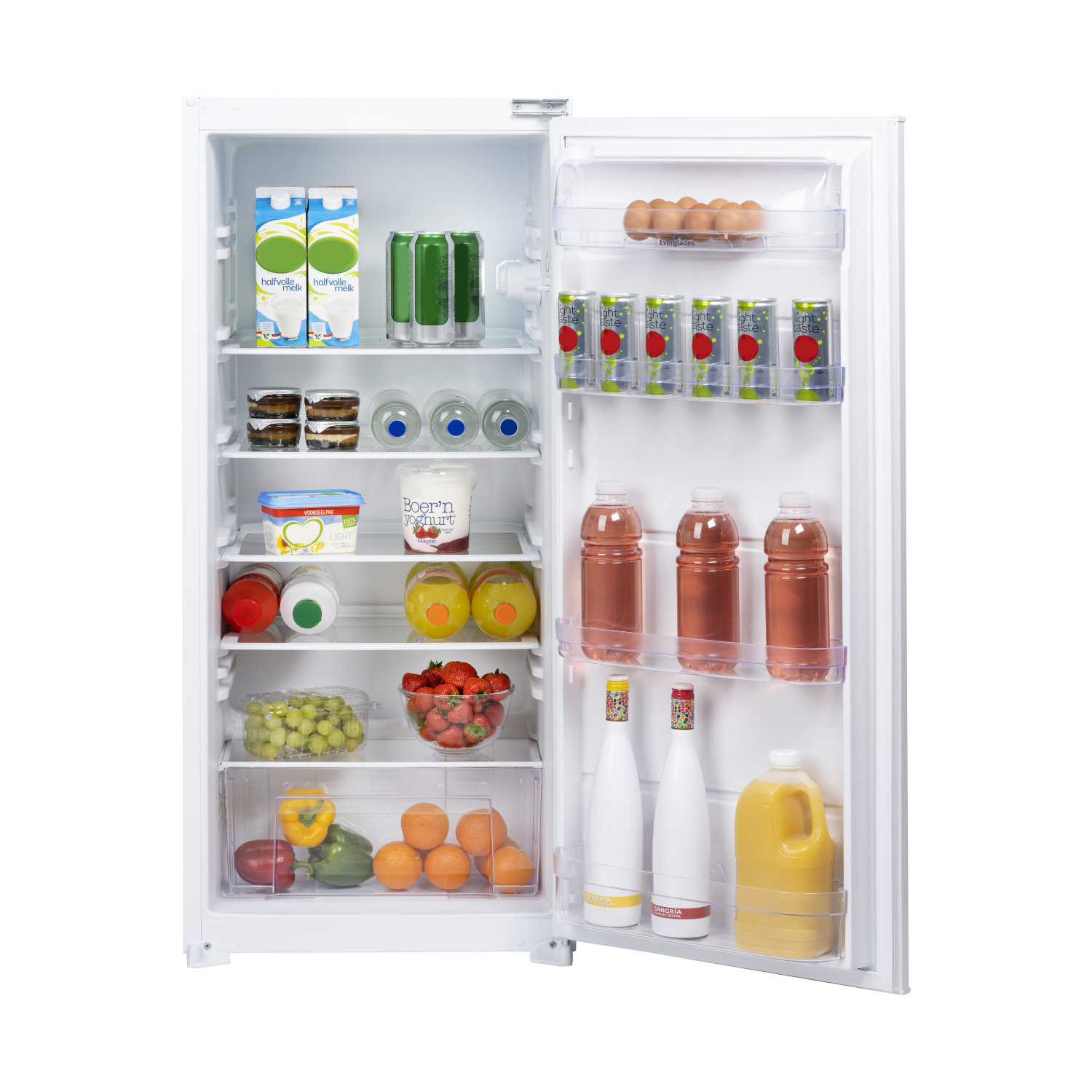 A refrigerator door open, filled with groceries. Includes drinks, dairy products, fruits, and vegetables.