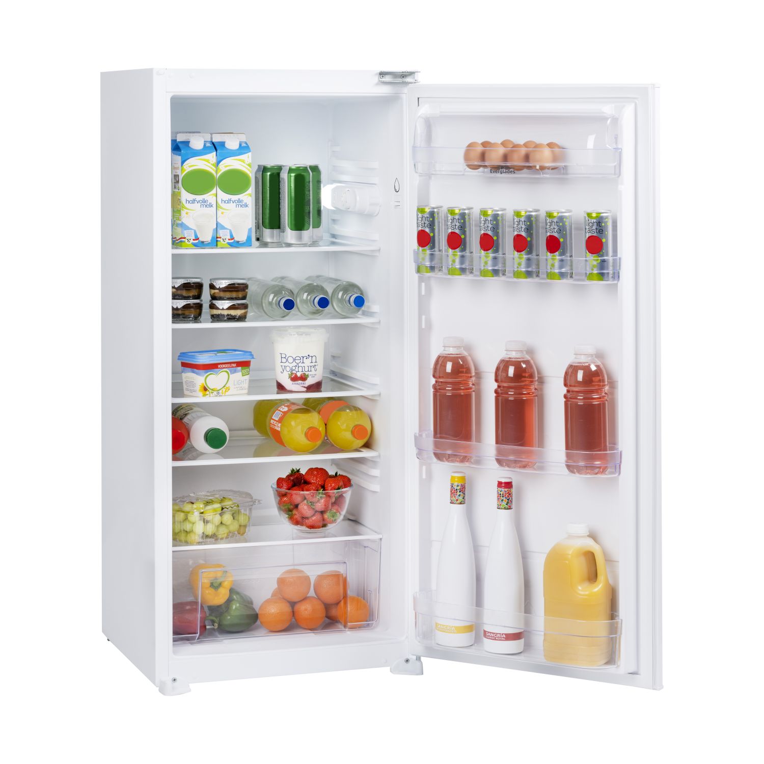 White refrigerator with door open. Inside, there are various food items: drinks, eggs, yogurt, and fruits.