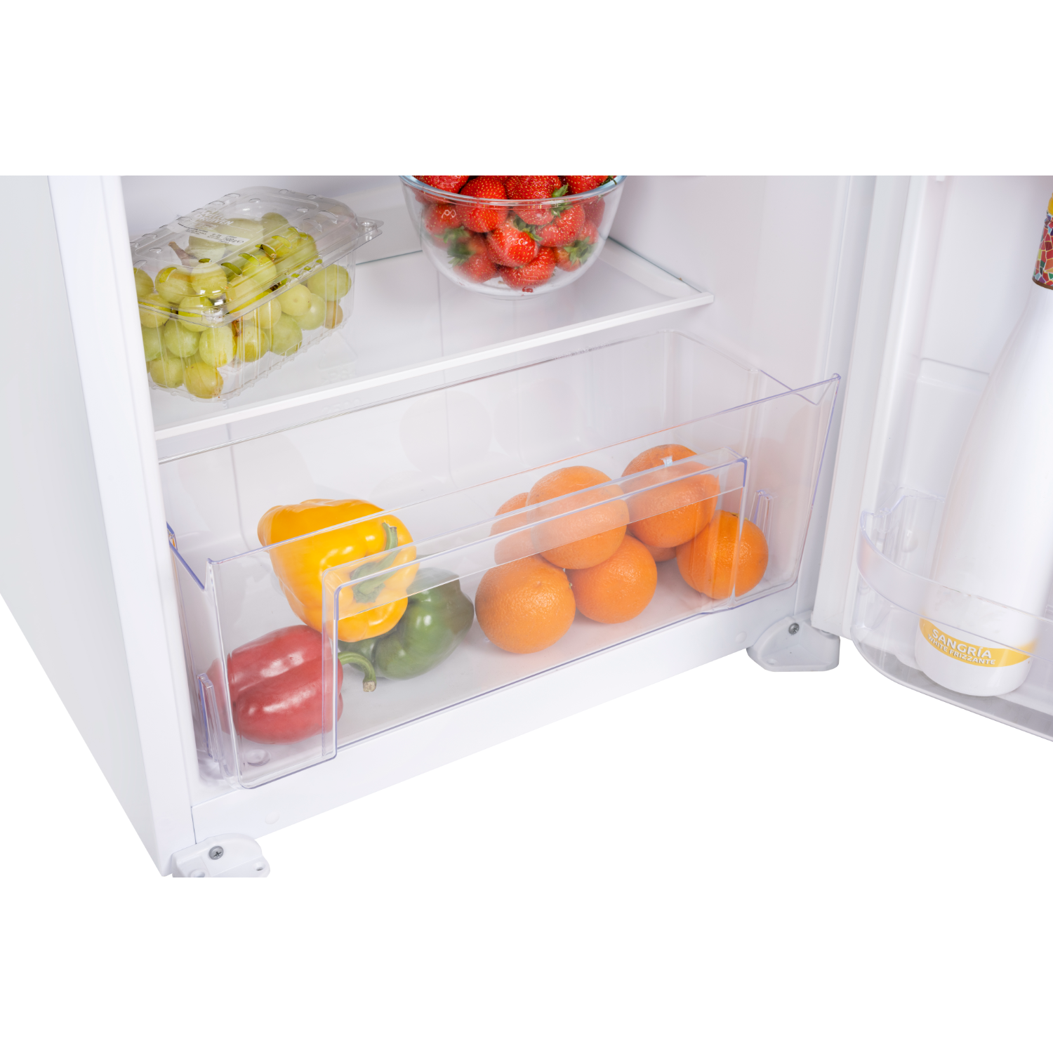 Refrigerator interior with fruits and vegetables in clear drawers, and a bottle of sangria.