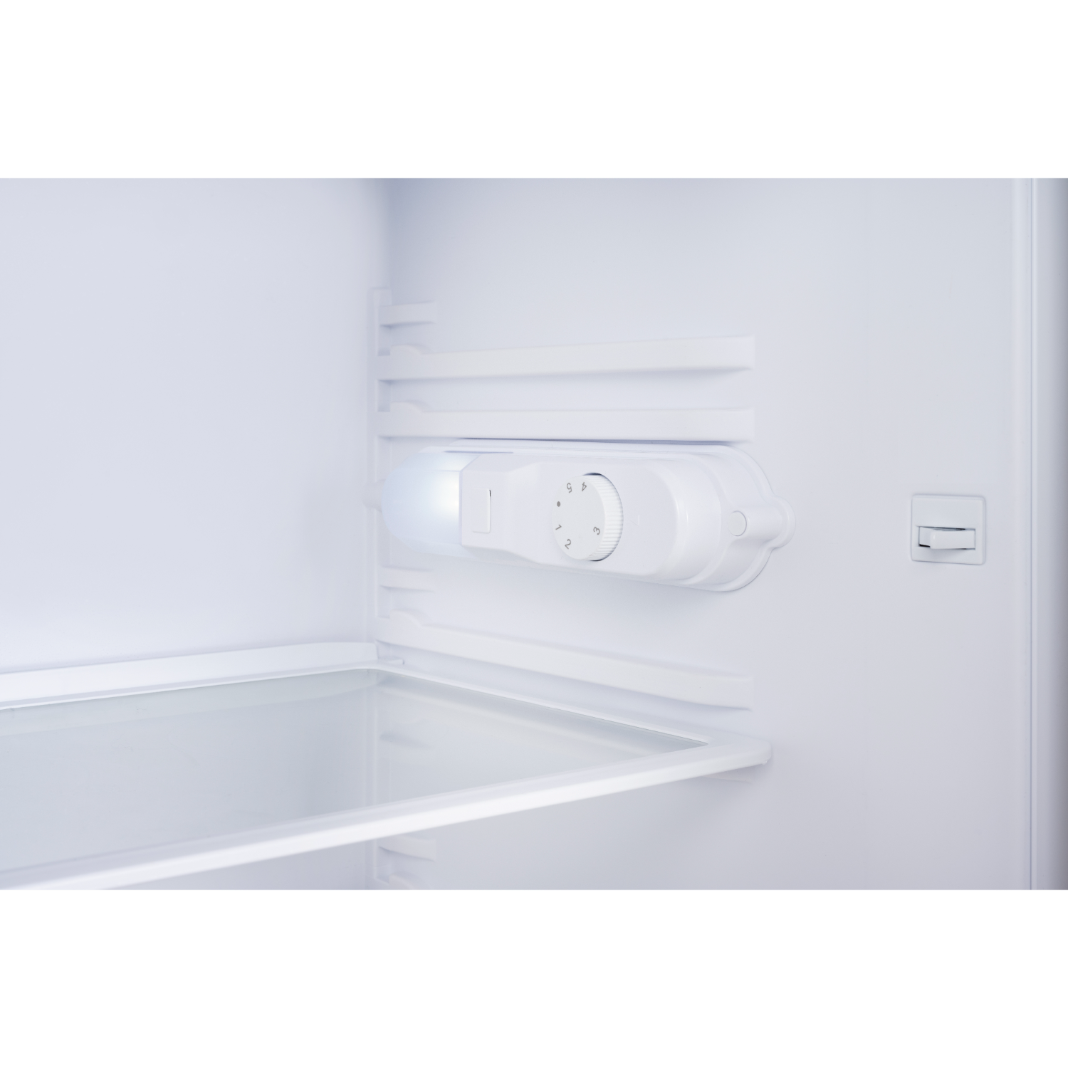 Inside of a white refrigerator. Shows shelves and a light fixture with a temperature control dial.