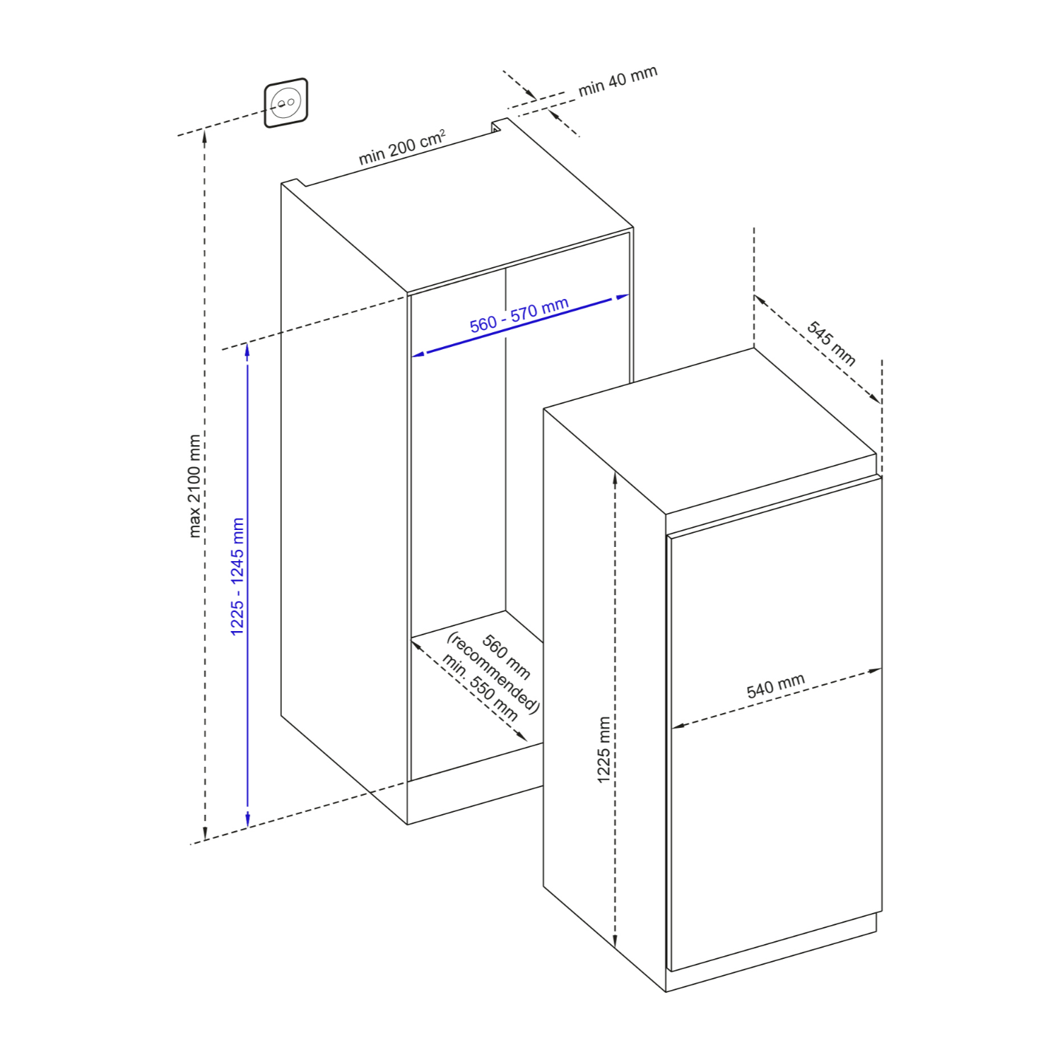 Technical drawing of a refrigerator and a cabinet. Dimensions and labels are included.
