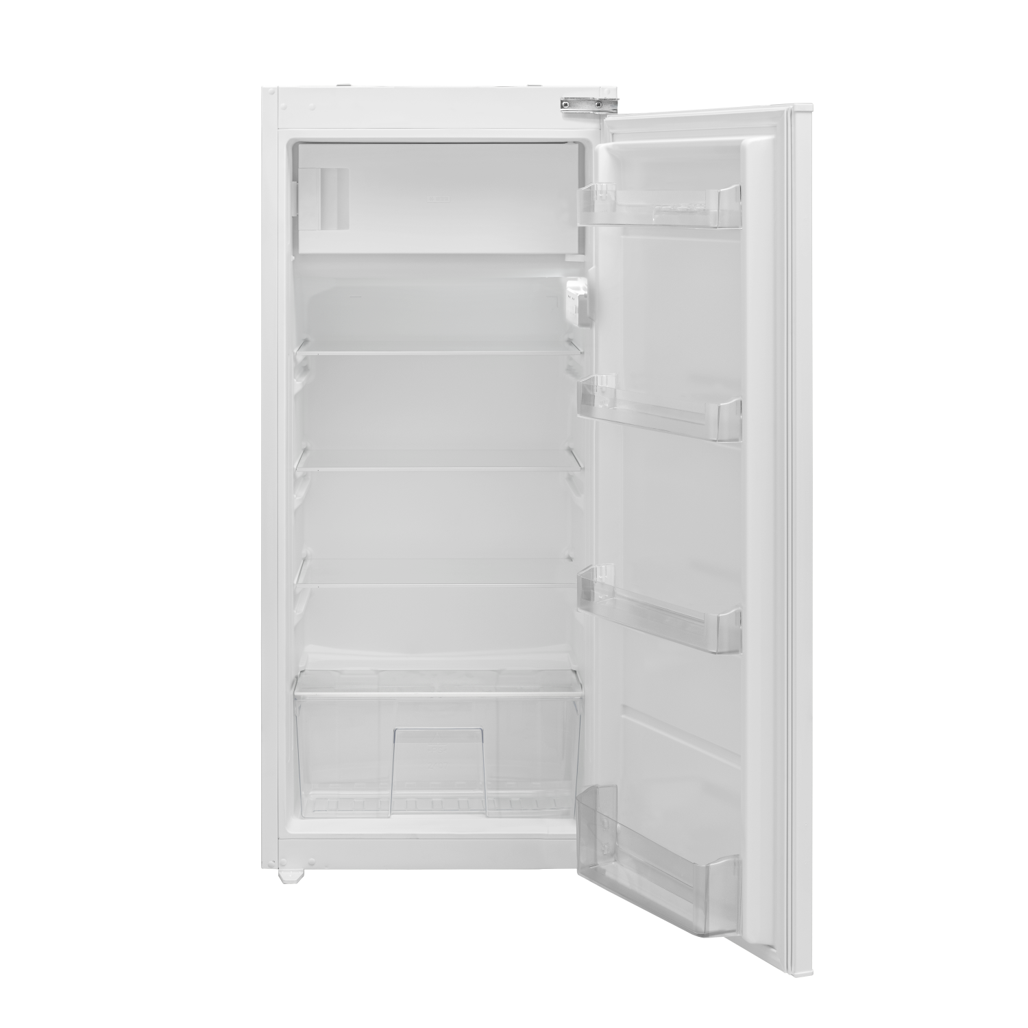 White refrigerator with the door open, showing shelves and compartments.