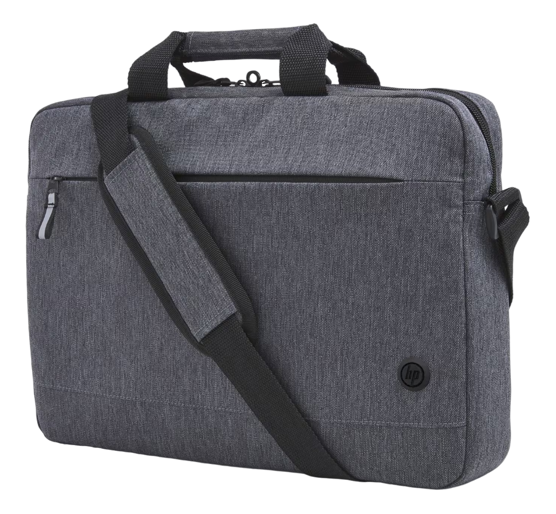 Graue HP Laptoptasche mit Schultergurt. Sie hat einen Reißverschluss und ein kleines HP-Logo.