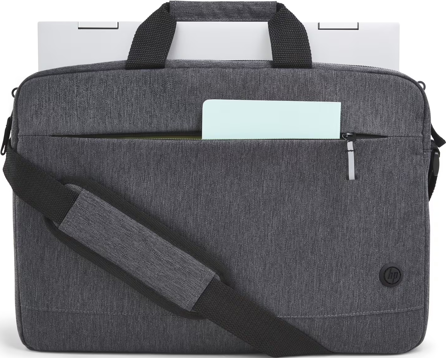 Graue Laptoptasche. Laptop drin, Griff und Schulterriemen. Hellblaues Papier.