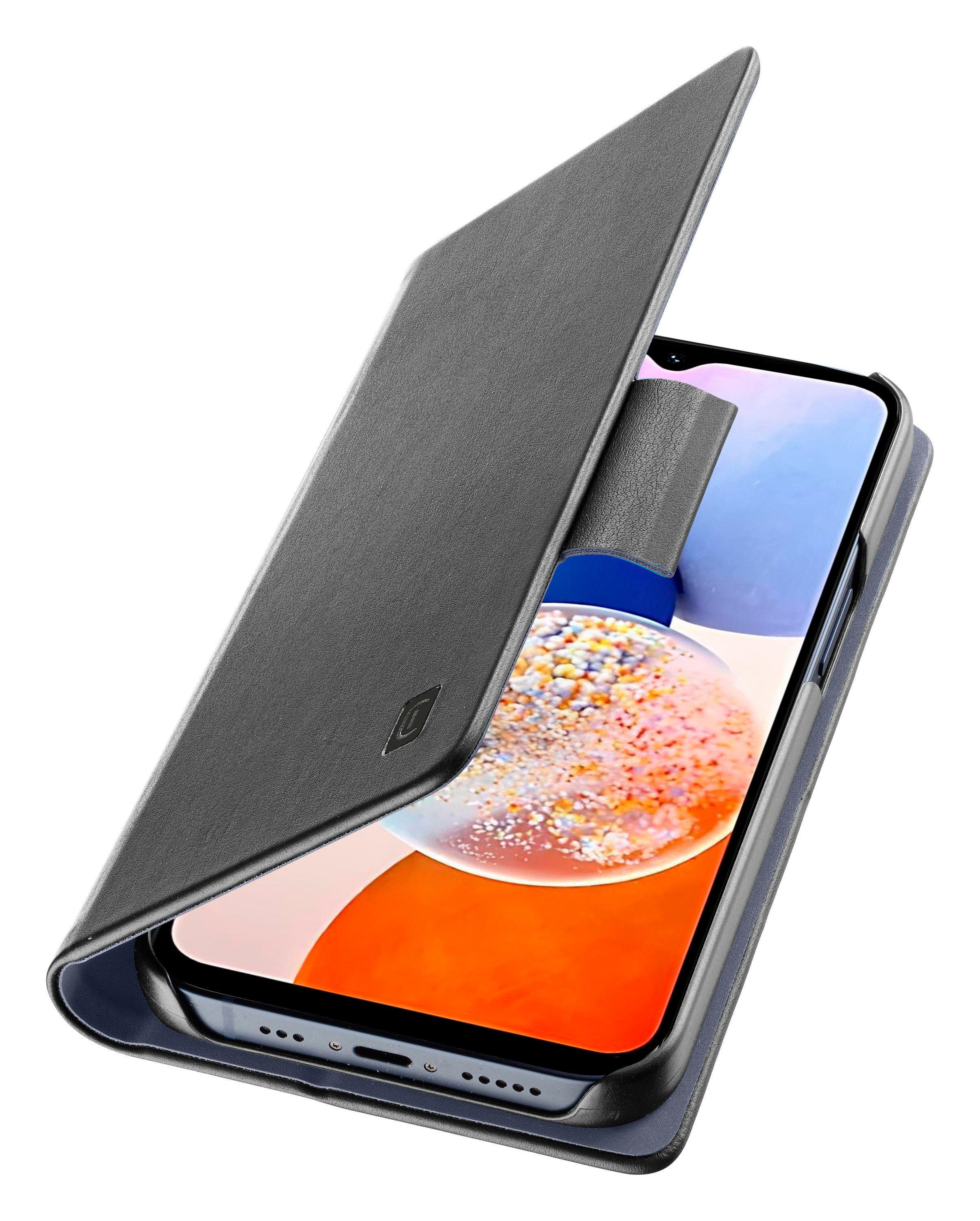 Ein Smartphone mit Hülle, geöffnet, mit orangefarbenem und blauem Bildschirm.