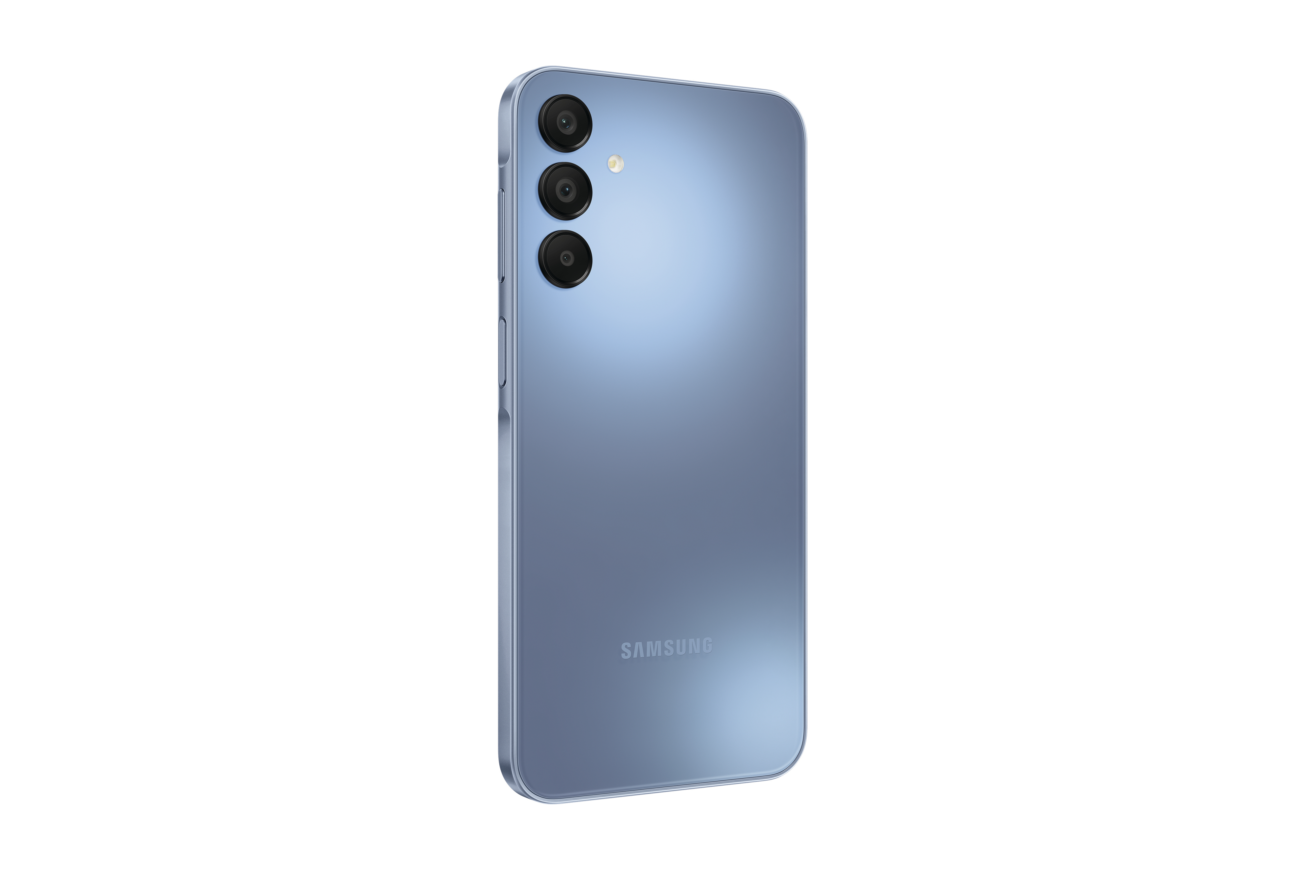 Blaues Samsung-Telefon. Rückansicht mit Kameralinsen.