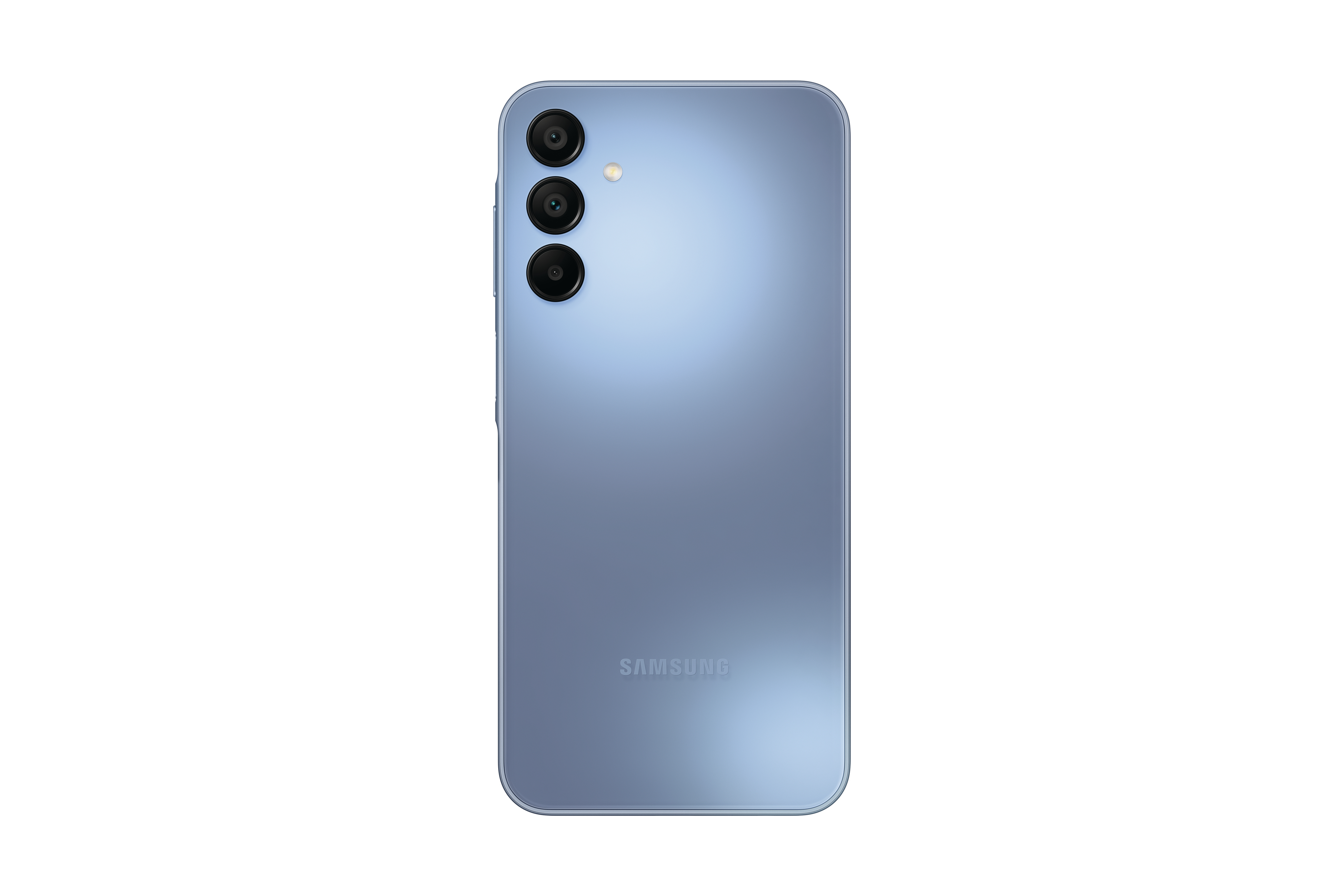 Blaue Samsung-Telefon-Rückansicht mit Dreifachkamera und Samsung-Logo.