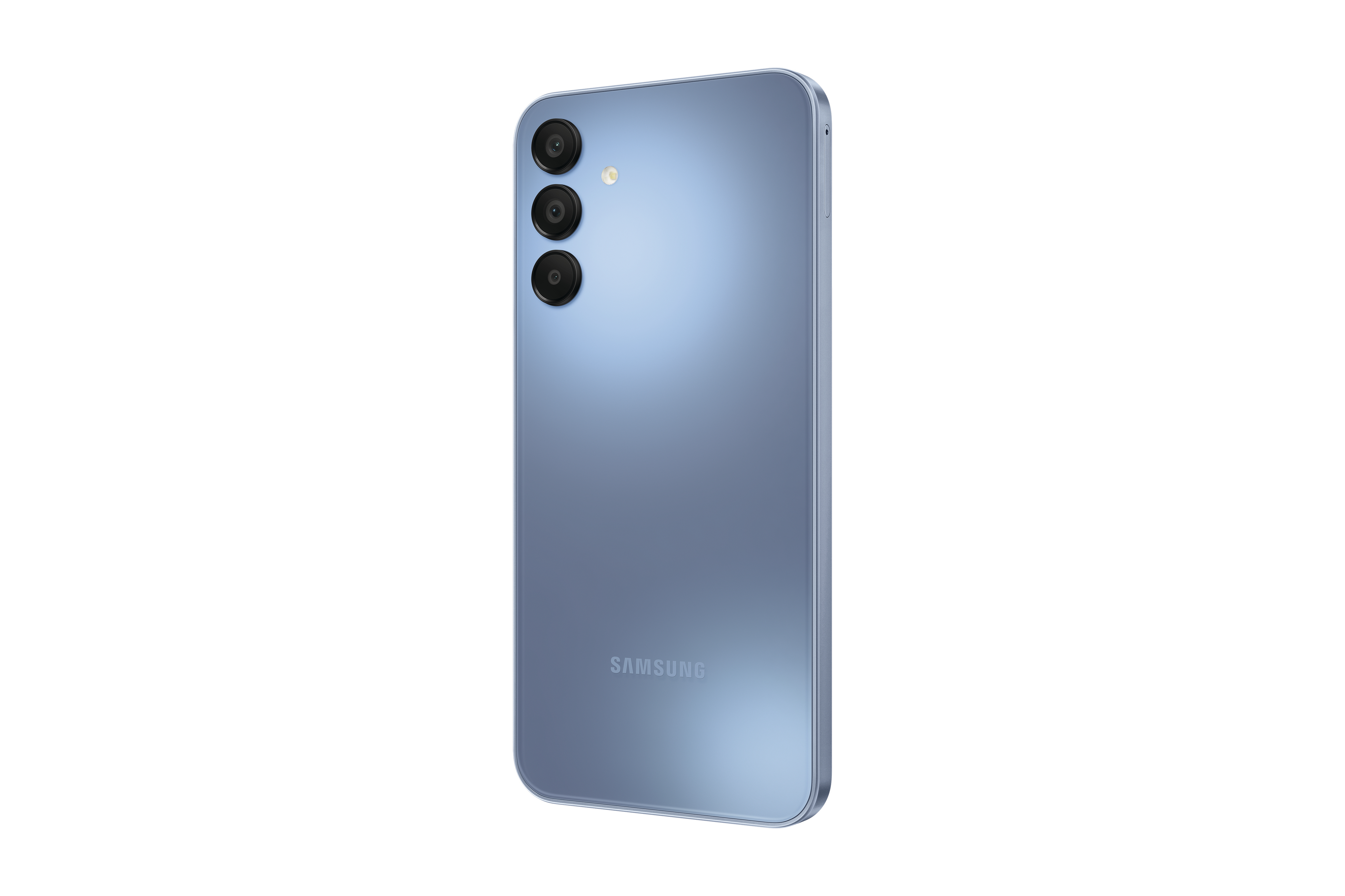 Blaues Smartphone, Rückansicht, drei Kameras, weißer Hintergrund.