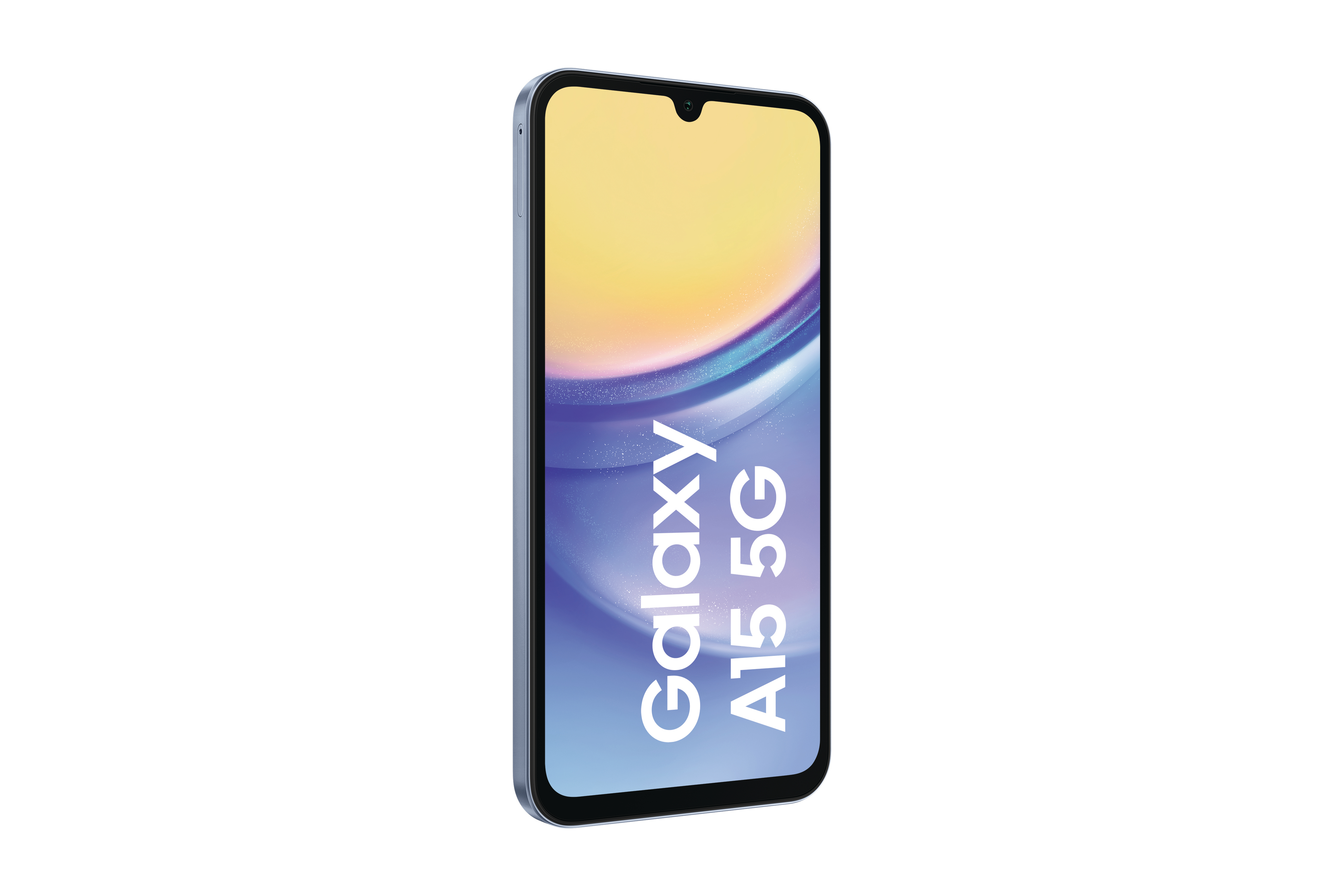 Blaues Samsung Galaxy A15 5G Smartphone, schräge Ansicht, weißer Hintergrund.
