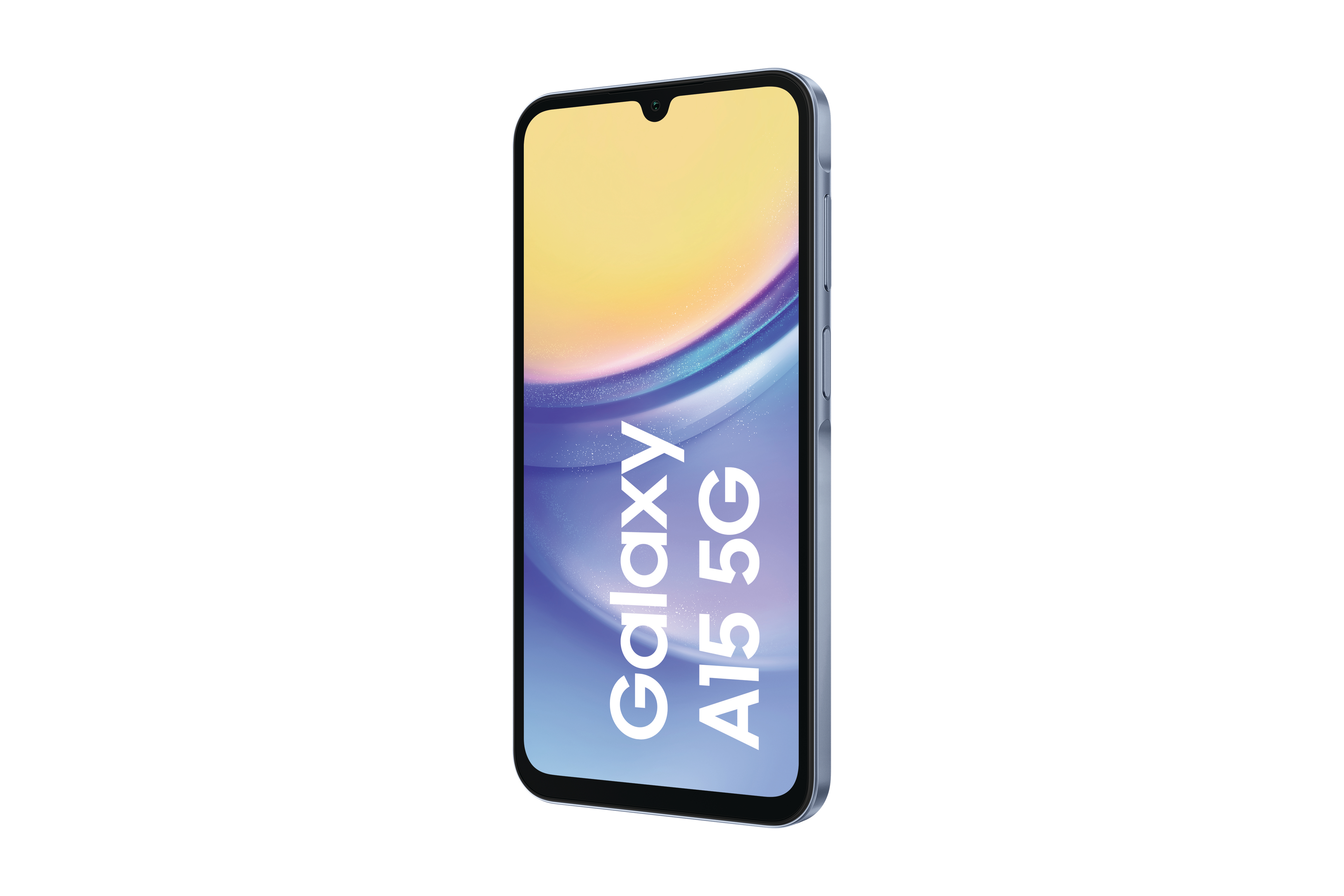 Blaues Samsung Galaxy A15 5G Smartphone, schräge Ansicht, mit eingeschaltetem Bildschirm.