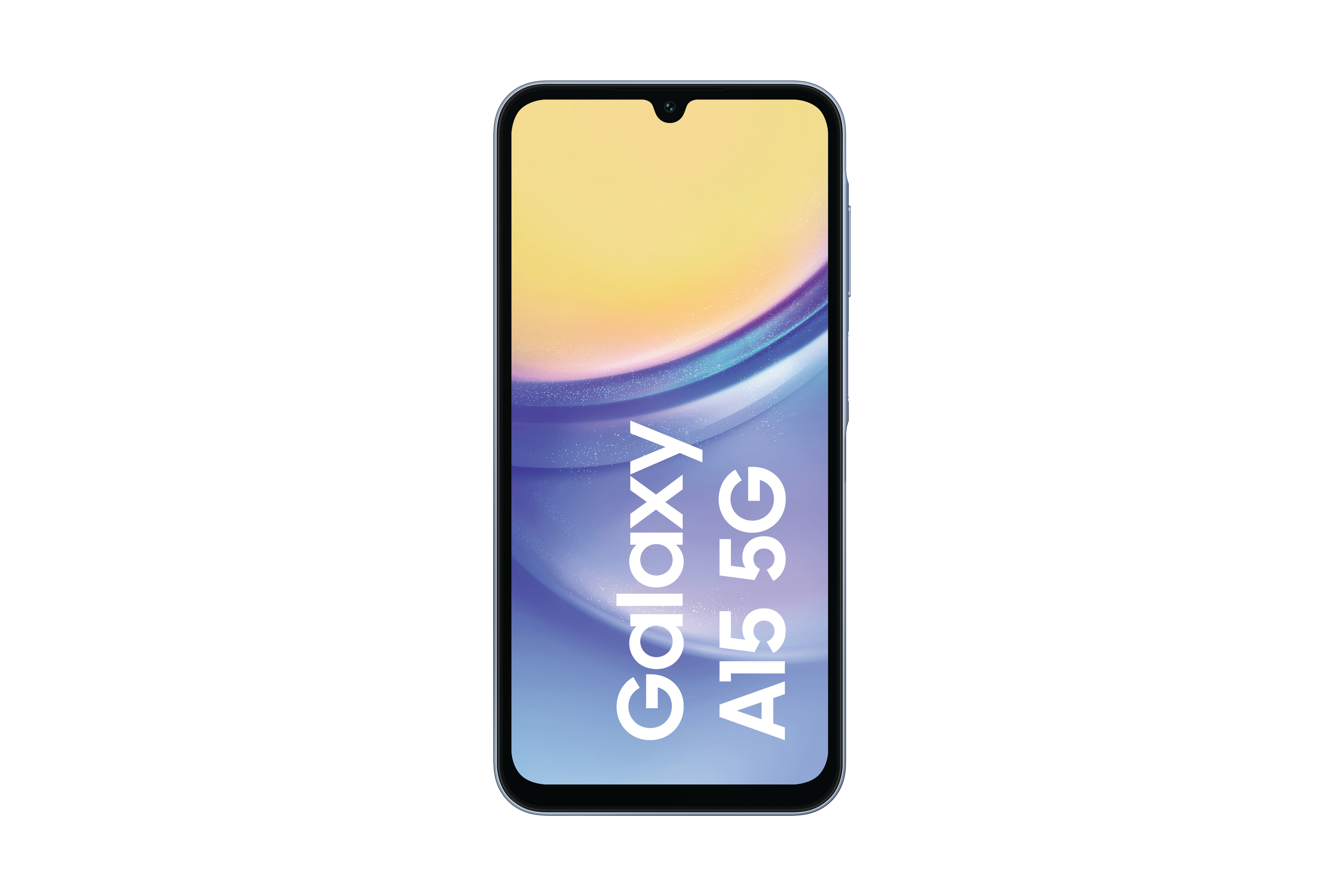 Samsung Galaxy A15 5G Telefon mit blauem Rahmen und buntem Bildschirm.