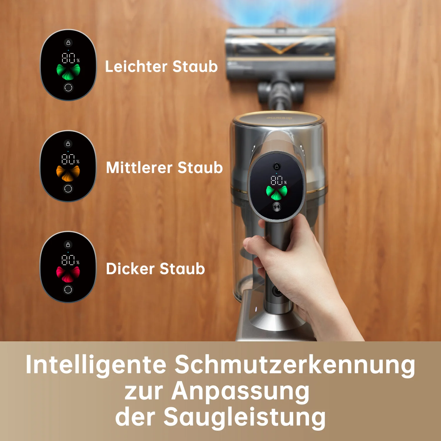Aspirateur avec trois niveaux d'affichage indiquant la quantité de poussière.