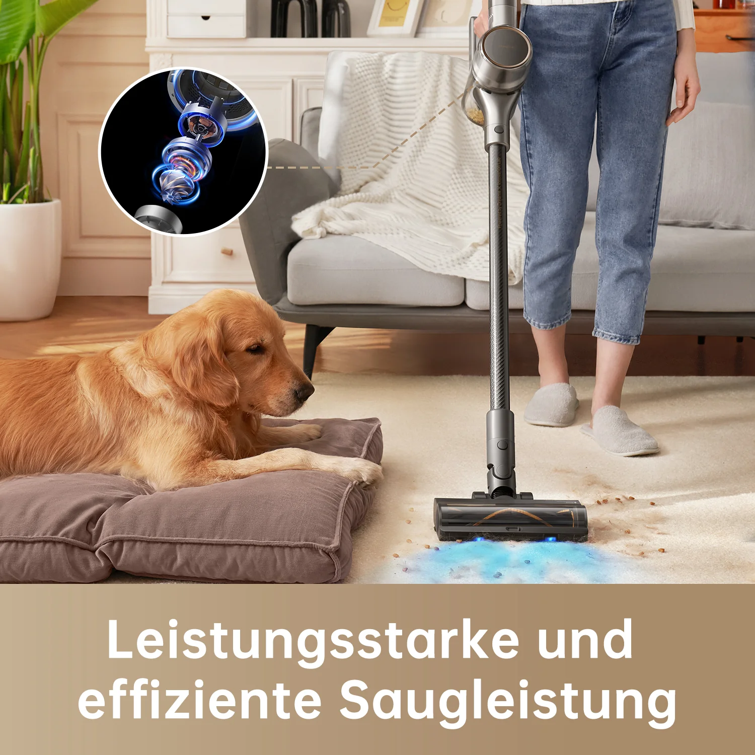 Un aspirateur avec un chien. Vue rapprochée des pièces de l'aspirateur.