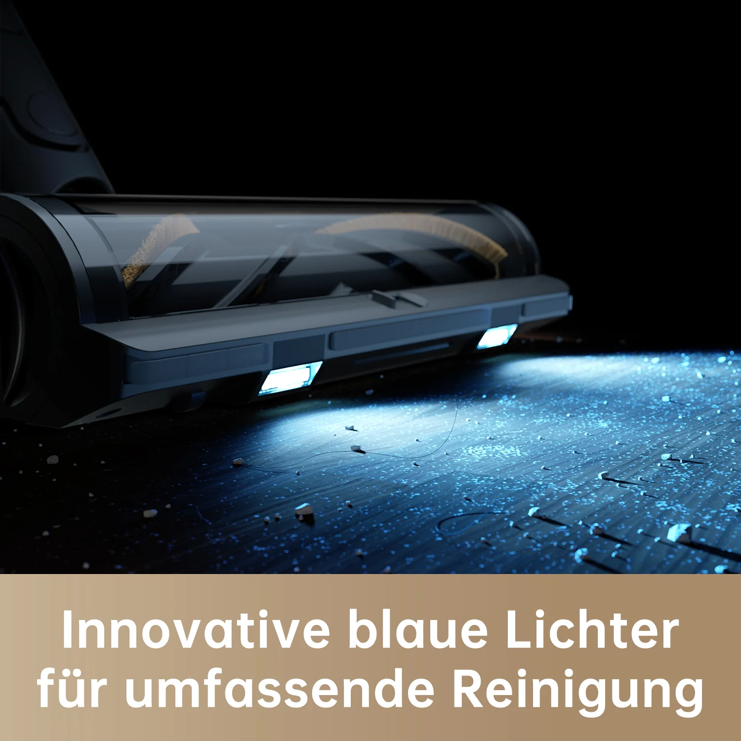 Tête d'aspirateur avec lumières bleues illuminant le sol. Surface en bois sombre et propre.