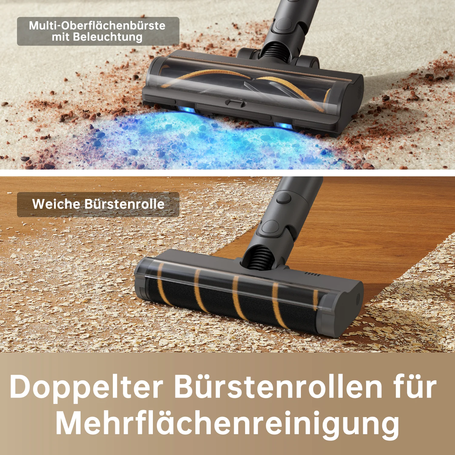 Têtes d'aspirateur : une avec lumière bleue, une avec rouleau de brosse. Texte : Brosse multi-surfaces et rouleau de brosse souple.
