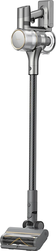 Aspirateur sans fil argent et gris avec un long tube et une tête de nettoyage.