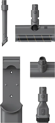 Accessoires d'aspirateur disposés sur fond blanc.