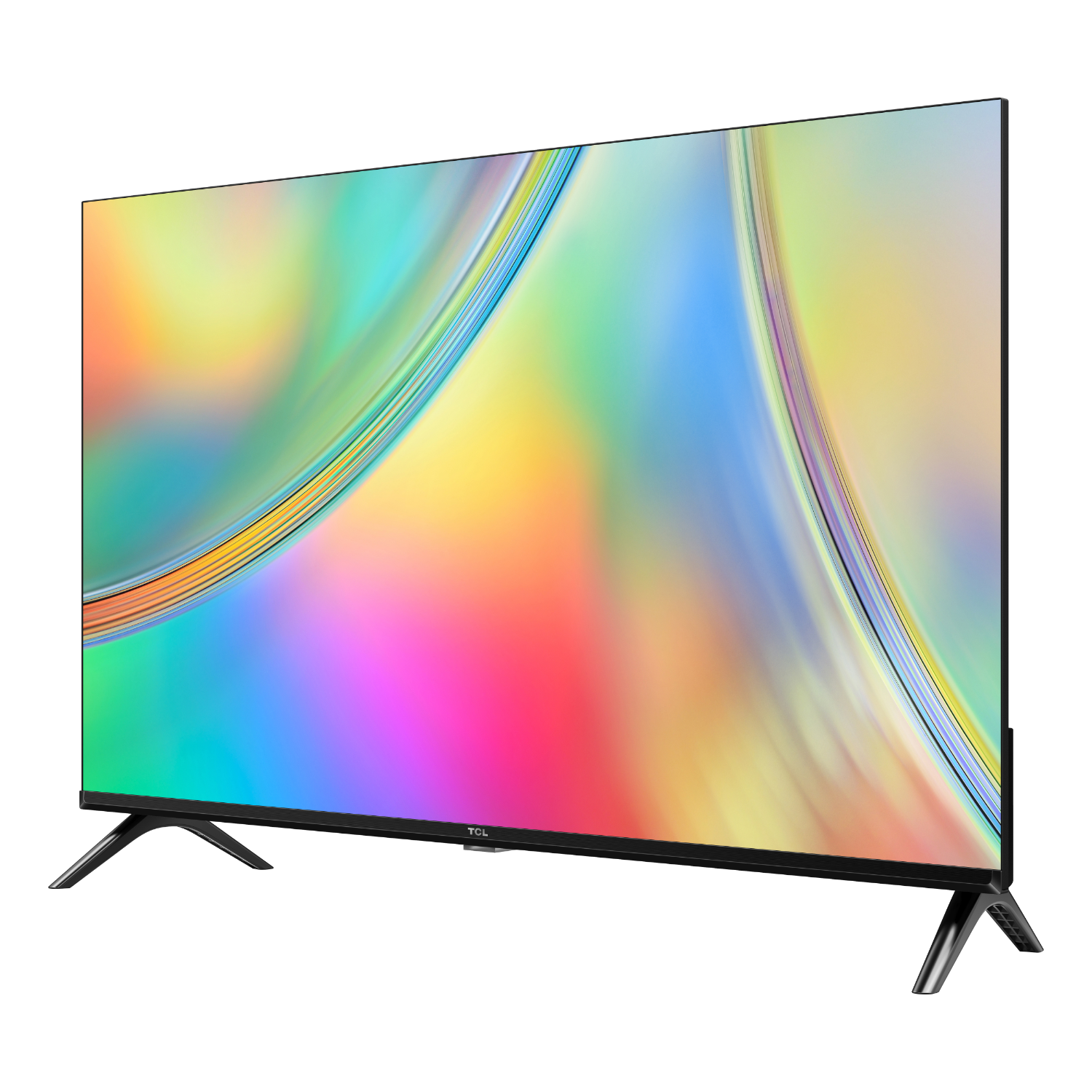 A large TCL TV screen with a colorful, abstract background, black frame and stand.