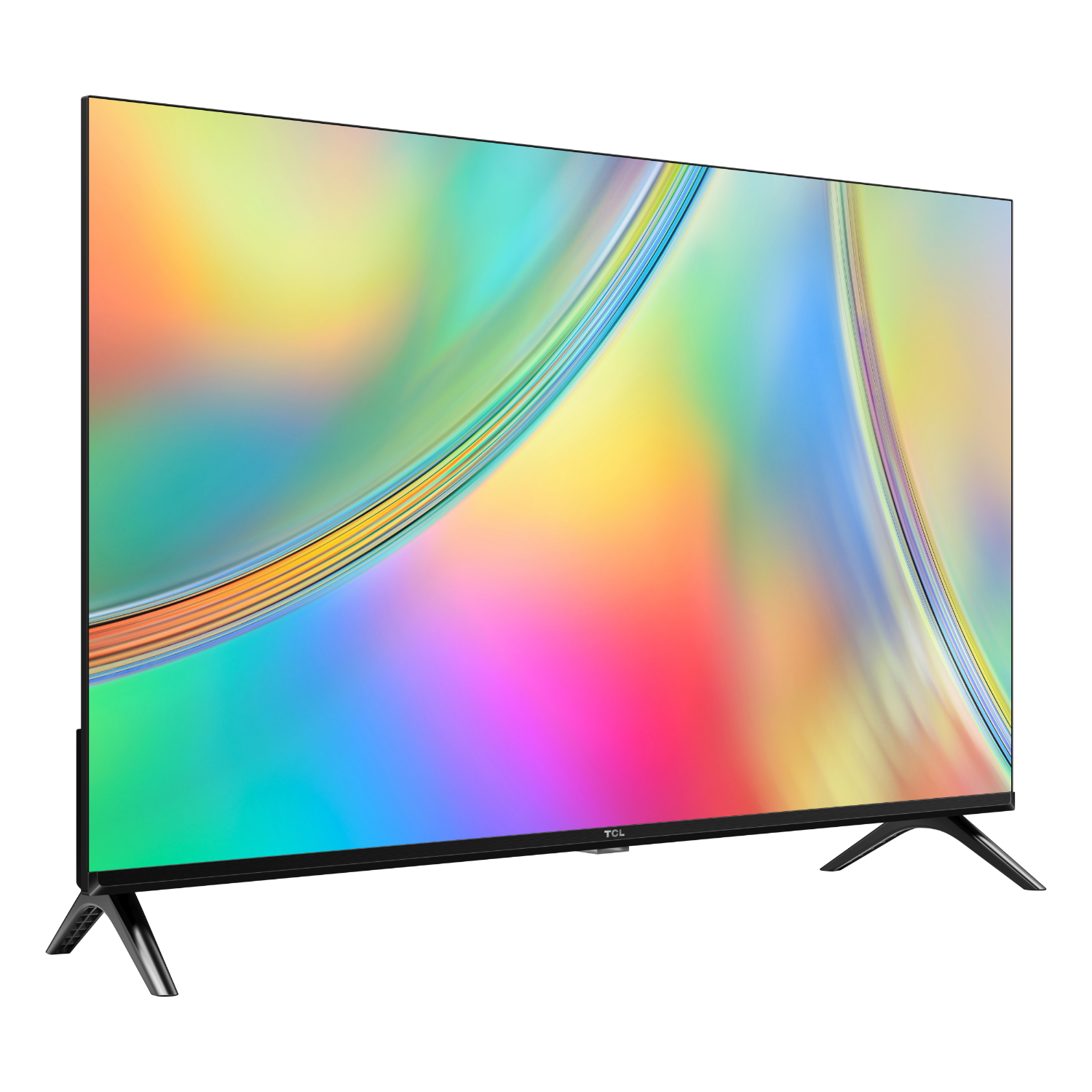 Large flat-screen TV with a colorful abstract background. Black frame and stand.