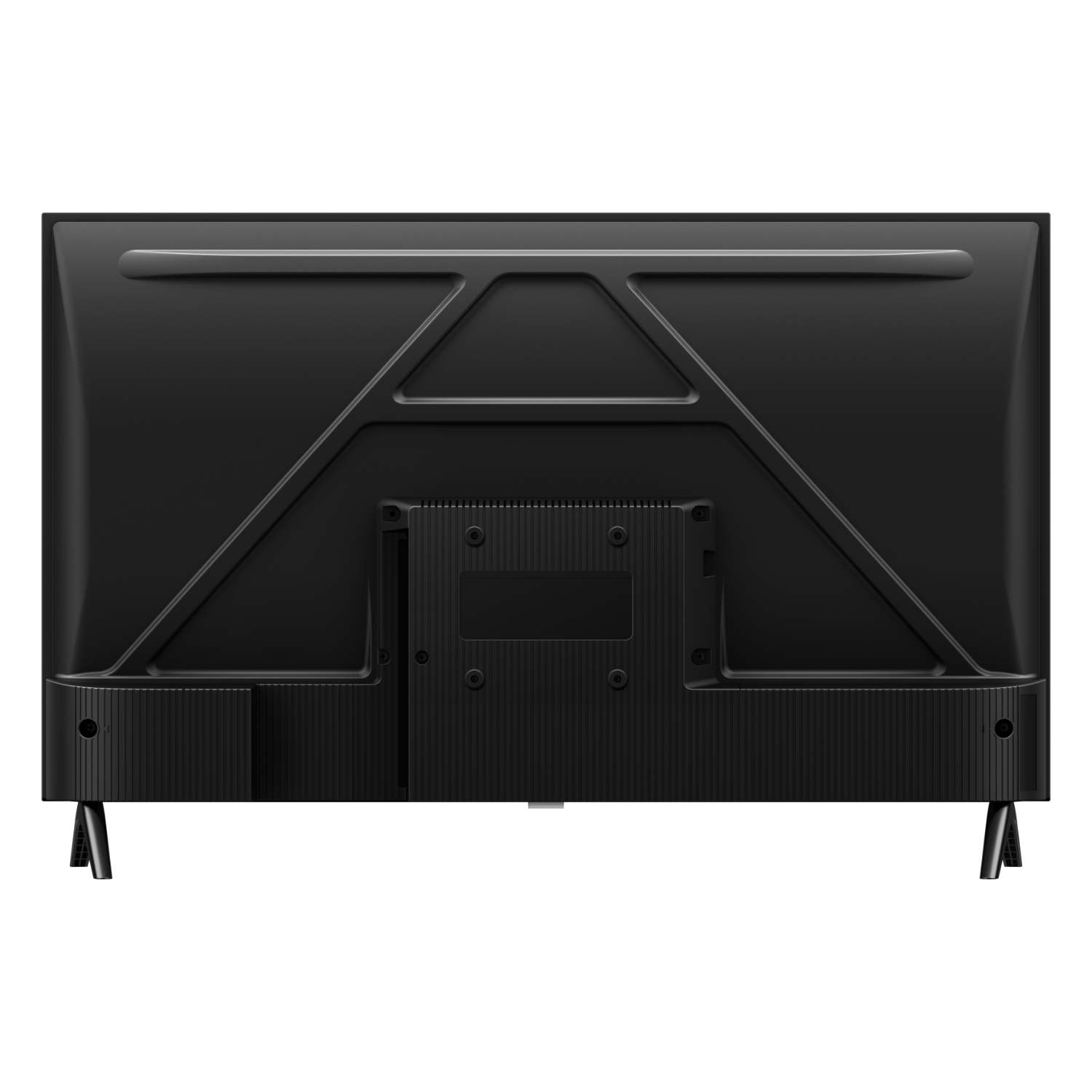 The back of a black TV with a metal frame and ports.